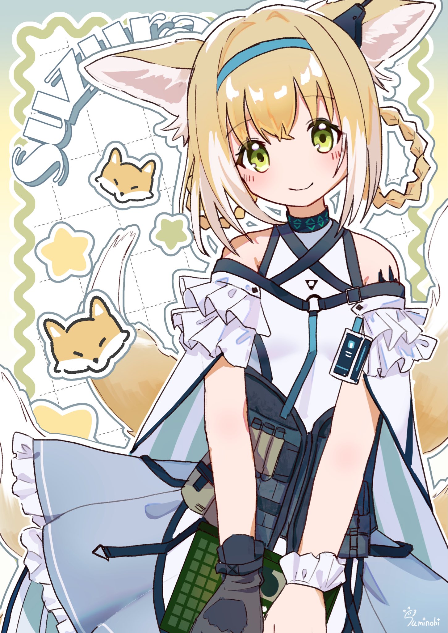 yatori suminohi, infection monitor (arknights), suzuran (arknights), arknights, commentary, highres, 1girl, animal ears, bare shoulders, blonde hair, blue hairband, fox ears, fox girl, fox tail, gloves, green eyes, hairband, looking at viewer, multicolored hair, single glove, smile, solo, tail