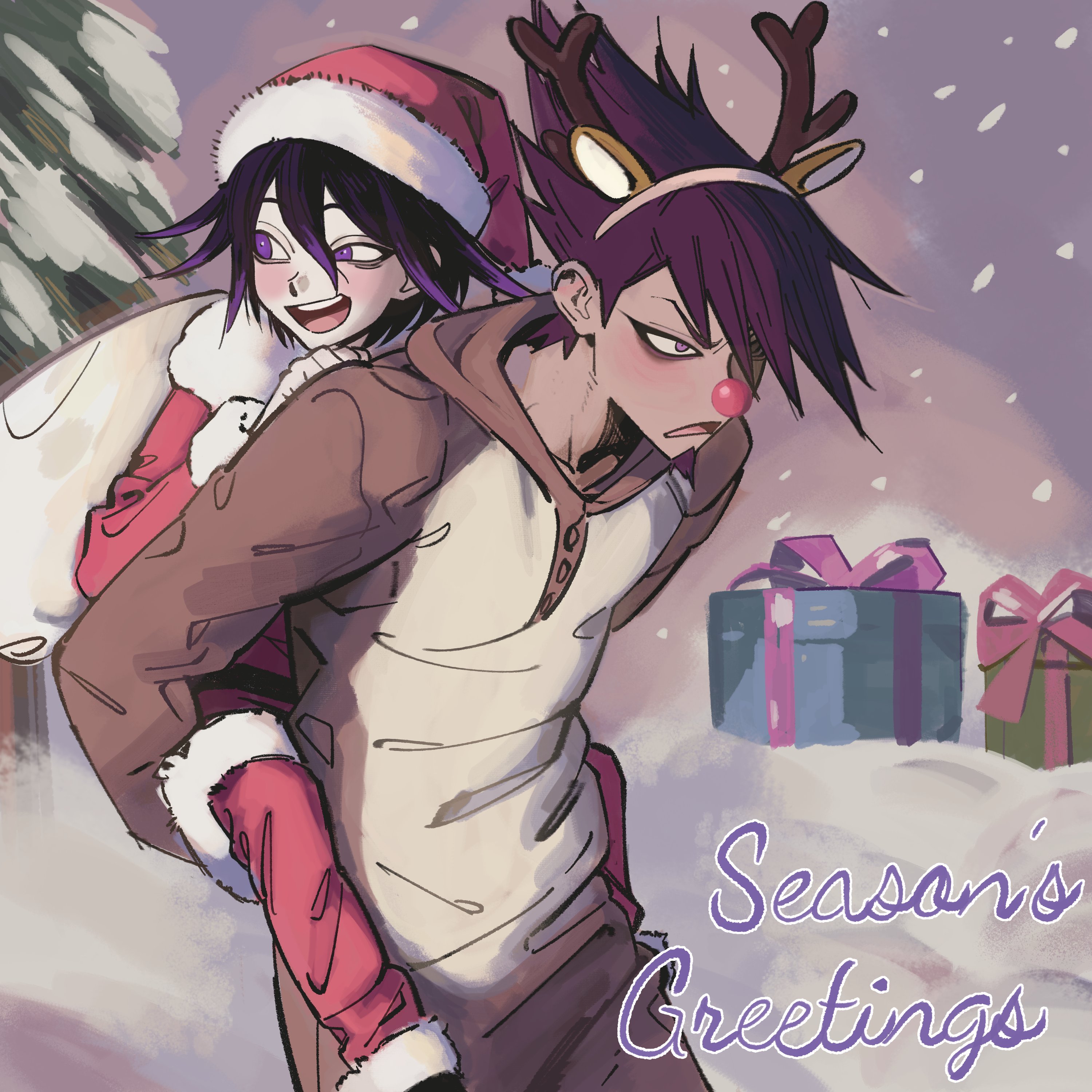 miri (bossu osu), momota kaito, oma kokichi, danganronpa (series), danganronpa v3: killing harmony, absurdres, commentary, english commentary, highres, 2boys, aegyo sal, alternate costume, animal costume, antlers, black hair, blush, box, carrying, christmas, cowboy shot, facial hair, fake antlers, flipped hair, gift, gift box, goatee, hair between eyes, happy, holding, holding sack, horns, long sleeves, male focus, merry christmas, multiple boys, open mouth, outdoors, piggyback, purple eyes, purple facial hair, purple hair, red nose, reindeer antlers, reindeer costume, sack, santa costume, short hair, size difference, smile, snow, spiked hair, tree, tsundere, winter