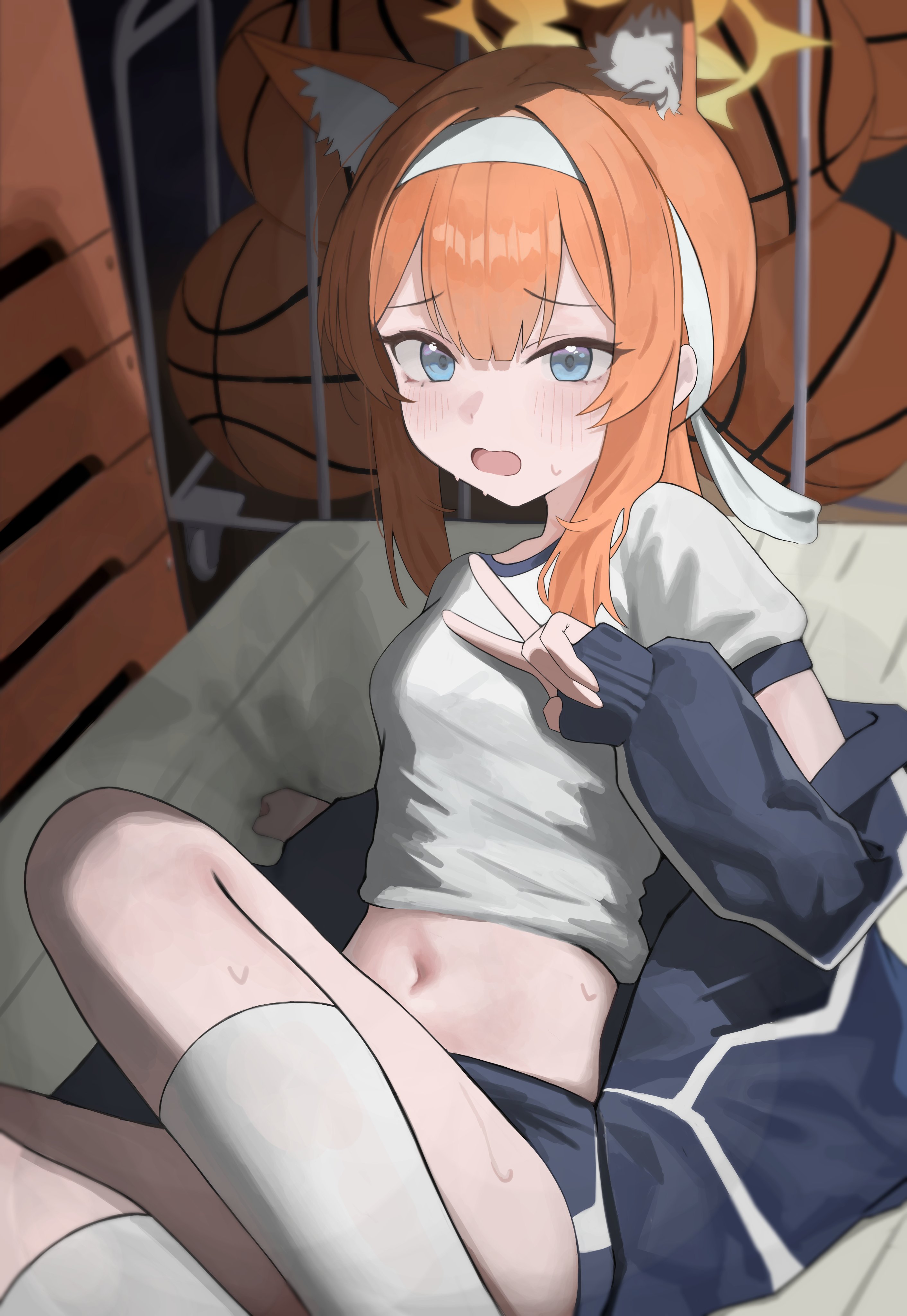 mari (blue archive), mari (track) (blue archive), blue archive, absurdres, commentary request, highres, 1girl, animal ear fluff, animal ears, ball, basketball (object), biteryoo, blue eyes, blue jacket, blush, breasts, gym shirt, gym shorts, gym storeroom, gym uniform, halo, headband, jacket, long hair, long sleeves, looking at viewer, midriff, navel, official alternate costume, open mouth, orange hair, shirt, short sleeves, shorts, small breasts, socks, solo, sweat, track jacket, v, vaulting horse, white headband, white shirt, white socks, yellow halo