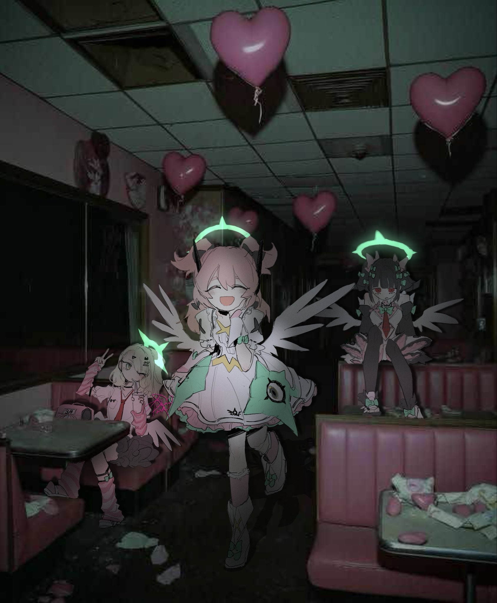 chinatsu remiel, rokudu sariel, yutane johiel, angels of delusion, zenless zone zero, hashtag-only commentary, highres, 3girls, ^ ^, balloon, black hair, blonde hair, bow, chair, closed eyes, dress, frills, glowing, halo, headphones, multiple girls, one eye closed, photo background, pink hair, short hair, short twintails, sitting, skirt, socks, table, twintails, whatsanaenae, wings