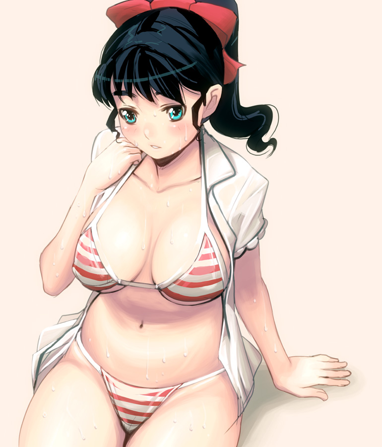 kouno (masao), bad id, bad pixiv id, 1girl, aqua eyes, bikini, black hair, breasts, cleavage, female focus, ponytail, ribbon, shirt, solo, swimsuit, wet, white shirt