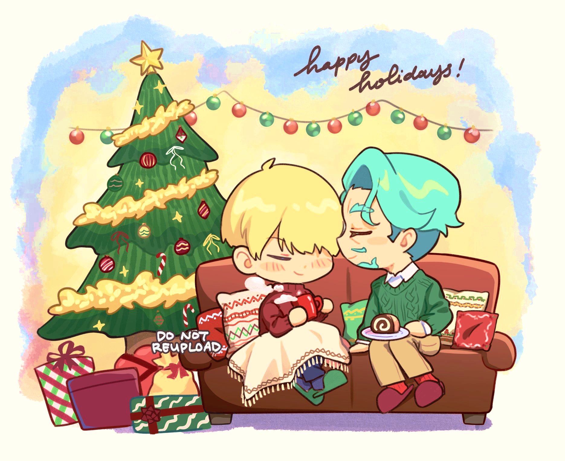 challia bull, char aznable, shirouzu (gundam), gundam, gundam gquuuuuux, commentary, english commentary, highres, 2boys, alternate costume, arm support, beard, blanket, blanket over legs, blonde hair, blue pants, blue socks, blush, box, brown pants, cable knit, cake, christmas, christmas present, christmas tree, closed eyes, closed mouth, collared shirt, couch, couple, cup, cushion, facial hair, food, full body, gift, gift box, green hair, green slippers, green sweater, hair over one eye, happy, happy holidays, holding, holding cup, kiss, kissing forehead, male focus, mug, multiple boys, mustache, pants, pillow, plate, red slippers, red socks, red sweater, risuuuux, sack, shirt, short hair, sitting, slippers, smile, socks, steam, sweater, swiss roll, tinsel, turtleneck, turtleneck sweater, white shirt, wing collar, yaoi