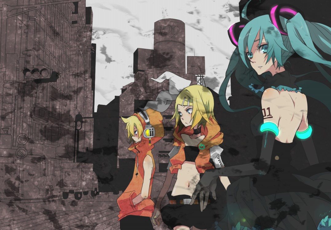 nata, hatsune miku, kagamine len, kagamine rin, vocaloid, bad id, bad pixiv id, 1boy, 2girls, ahoge, aqua eyes, aqua hair, blonde hair, bow, city, dress, elbow gloves, gloves, hair bow, hair ornament, hairpin, headphones, hood, hoodie, midriff, multiple girls, short hair, shorts, siblings, twintails