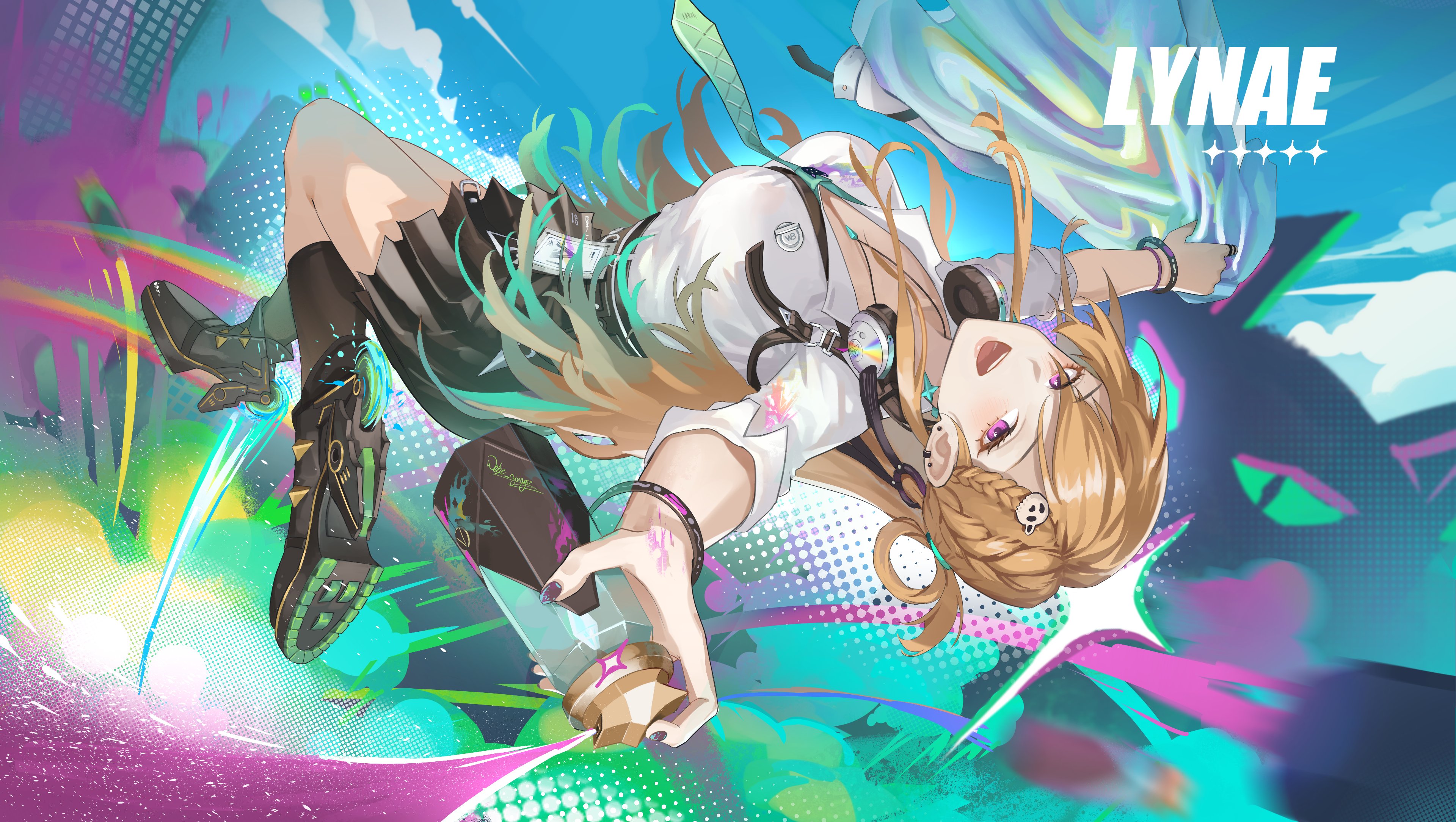 lynae (wuthering waves), wuthering waves, absurdres, commentary, english commentary, highres, 1girl, aqua necktie, black skirt, black socks, blonde hair, breasts, earrings, from side, graffiti, hair between eyes, hair ornament, headphones, headphones around neck, jewelry, large breasts, long hair, looking at viewer, midair, multicolored nails, necktie, open mouth, purple eyes, roller skates, shirt, shirt tucked in, skates, skirt, smile, socks, solo, star (symbol), star earrings, webe nyunyu, white shirt