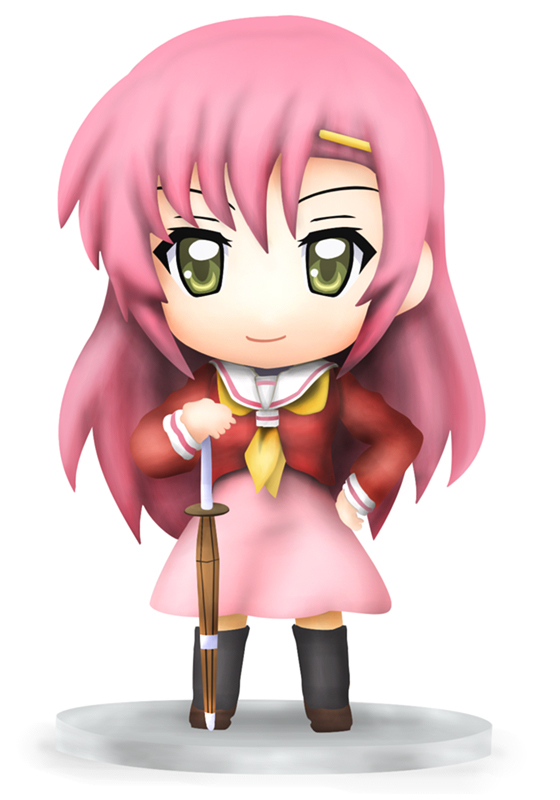 e i k, katsura hinagiku, hayate no gotoku!, nendoroid, bad id, bad pixiv id, 00s, 1girl, chibi, female focus, long hair, pink hair, school uniform, serafuku, shinai, solo, sword, weapon, yellow eyes