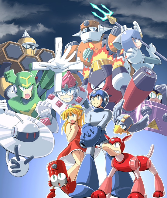 fuyuwa kotatsu, beat (mega man), concrete man, eddie (mega man), galaxy man, hornet man, jewel man, magma man, mega man (character), plug man, roll (mega man), rush (mega man), splash woman, tornado man, capcom, mega man (classic), mega man (series), mega man 9, 2girls, 6+boys, fire, multiple boys, multiple girls, polearm, robot, spear, trident, weapon
