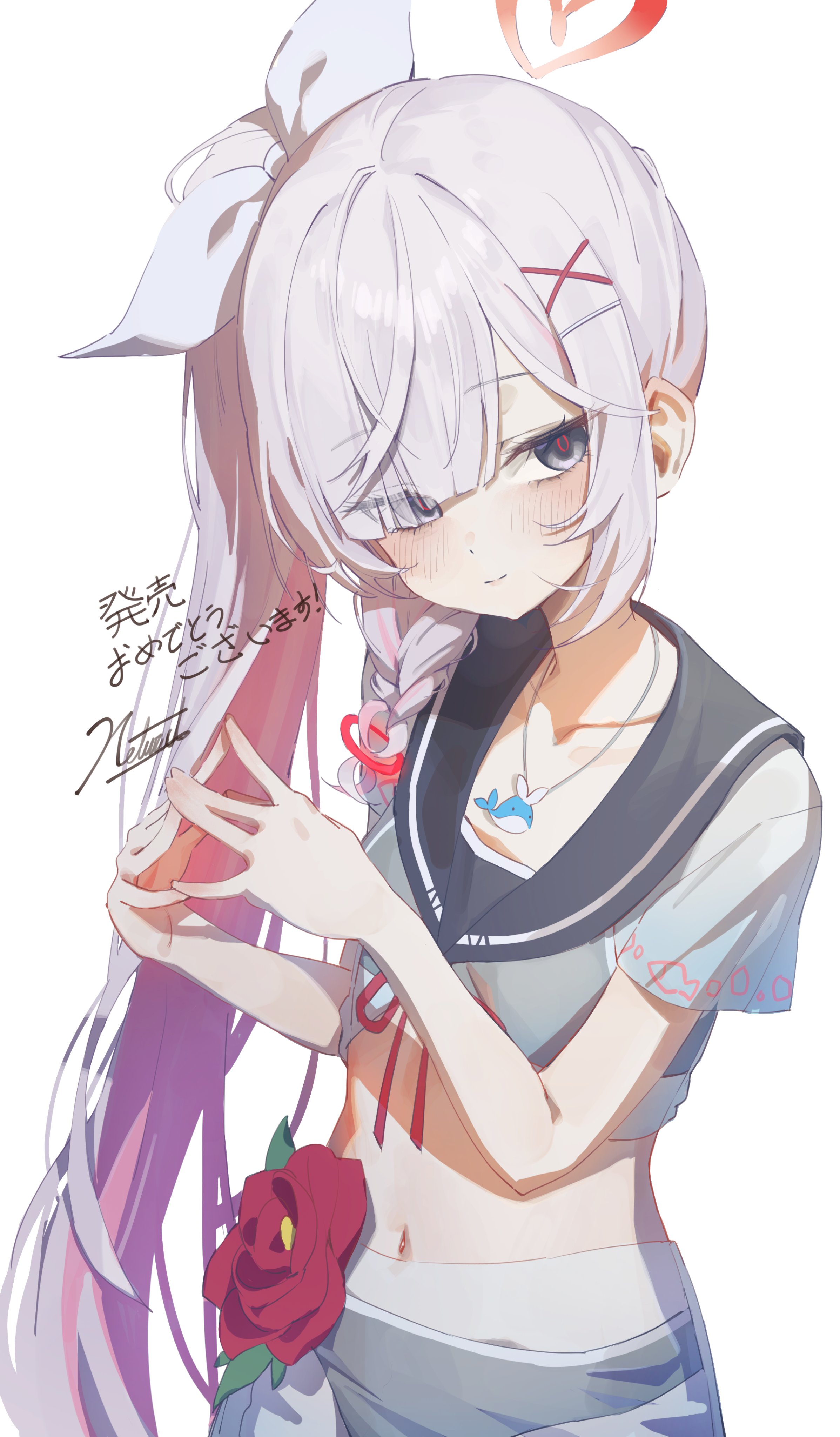 netural, plana (blue archive), blue archive, absurdres, commentary request, highres, 1girl, bikini, black eyes, black sailor collar, blush, bow, braid, closed mouth, colored inner hair, flower, grey hair, hair bow, hair ornament, hair over one eye, halo, jewelry, long hair, looking at viewer, multicolored hair, navel, necklace, pink hair, red flower, red halo, red pupils, sailor collar, short sleeves, side ponytail, signature, simple background, smile, solo, steepled fingers, swimsuit, white background, white bow, white hair, x hair ornament