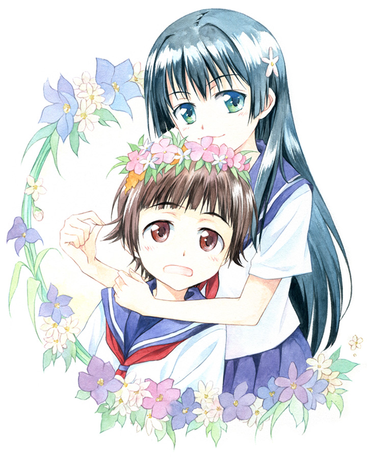 agahari, saten ruiko, uiharu kazari, toaru kagaku no railgun, toaru majutsu no index, bad id, bad pixiv id, 00s, 2girls, black hair, blush, brown eyes, brown hair, flower, green eyes, hair flower, hair ornament, head wreath, hug, long hair, multiple girls, school uniform, serafuku, short hair