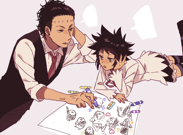 iyo (kurumiwarin), road kamelot, tyki mikk, d.gray-man, commentary request, 1boy, 1girl, black pants, black skirt, black vest, blank speech bubble, brown hair, cigarette, collared shirt, crayon, crayon drawing, dress shirt, earrings, facial mark, feet out of frame, forehead mark, frilled skirt, frills, frown, grey background, hair slicked back, hand on ground, hand on own head, holding, holding crayon, jewelry, long sleeves, looking at object, looking down, lying, mature male, miniskirt, mole, mole under eye, multicolored thighhighs, necktie, noah (d.gray-man), on side, on stomach, pants, paper, parted lips, purple thighhighs, red necktie, red ribbon, ribbon, shirt, short hair, sidelocks, simple background, single earring, skirt, sleeves rolled up, speech bubble, spiked hair, stitched forehead, striped clothes, striped thighhighs, stud earrings, thighhighs, thighs, two-tone thighhighs, unlit cigarette in mouth, vest, white shirt, yellow eyes, zettai ryouiki