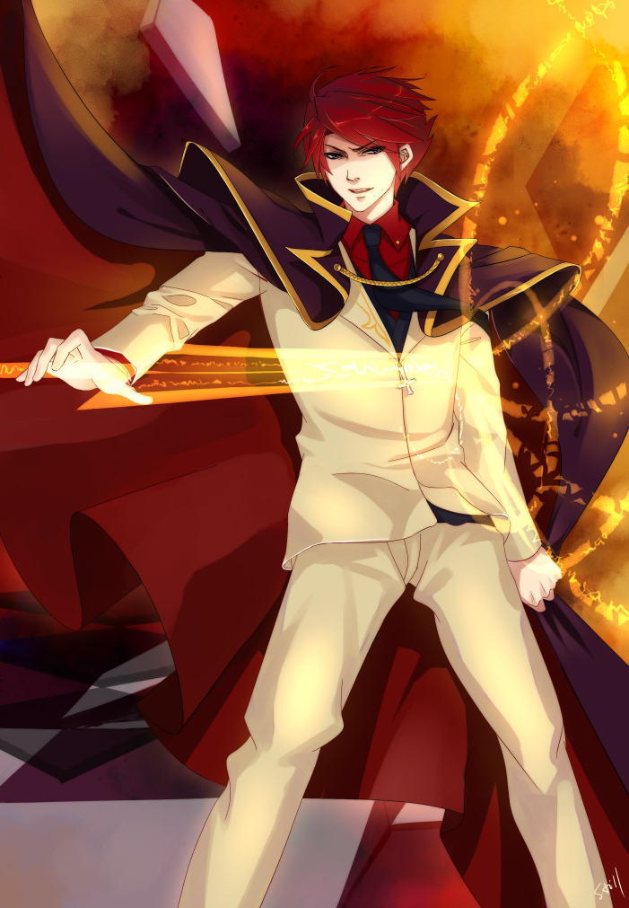 still (just), ushiromiya battler, umineko no naku koro ni, bad id, bad pixiv id, 00s, 1boy, blue eyes, cape, jacket, magic, male focus, necktie, red hair, short hair, solo, sword, weapon