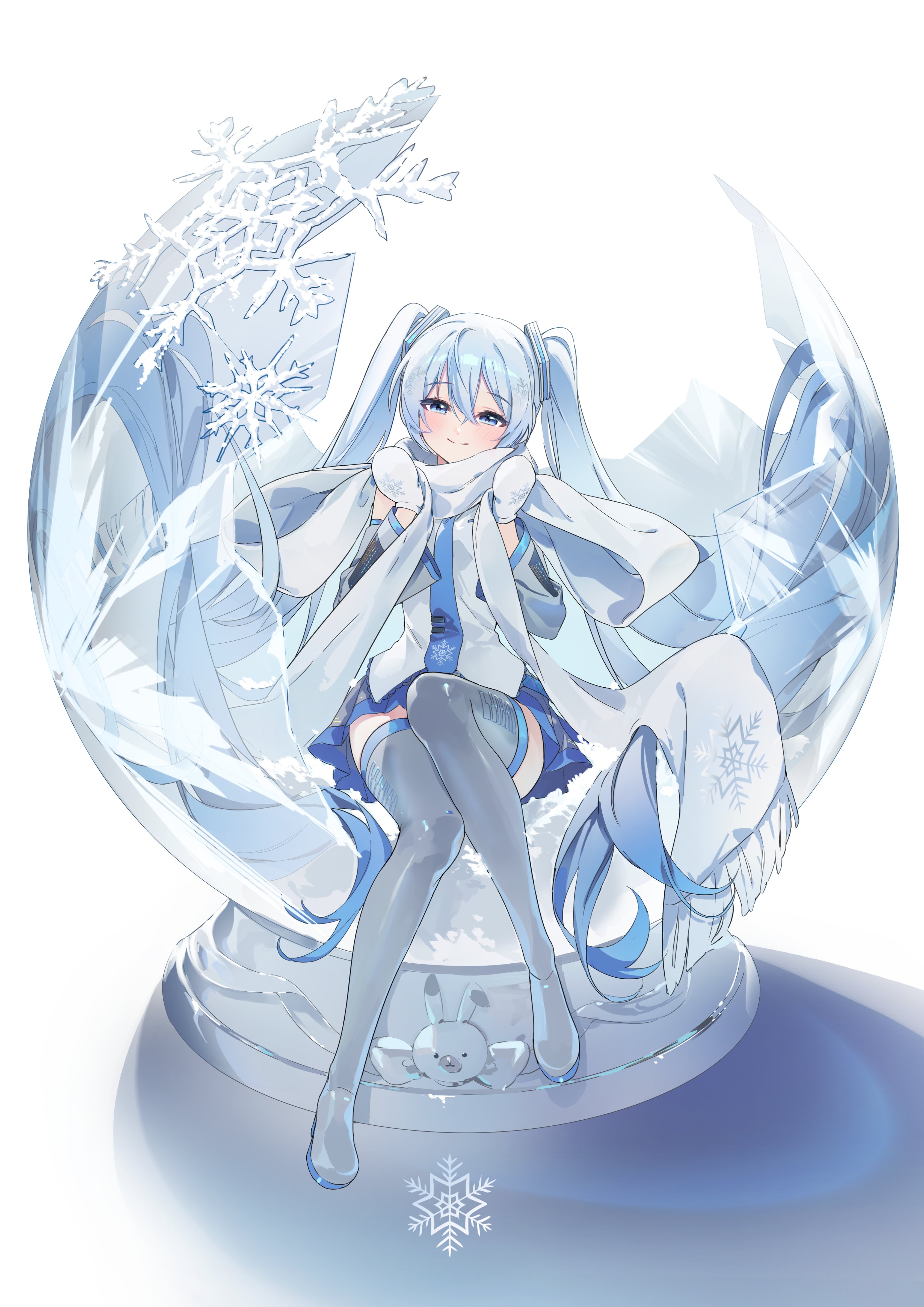 chap sal !, hatsune miku, rabbit yukine, yuki miku, yuki miku (2011), vocaloid, absurdres, commentary request, highres, 1girl, absurdly long hair, ahoge, aqua eyes, aqua hair, blue hair, blue necktie, blue trim, blush, boots, breasts, closed mouth, detached sleeves, full body, gradient hair, hair between eyes, hair ornament, headphones, headset, long hair, long sleeves, looking at viewer, mittens, multicolored hair, necktie, pleated skirt, scarf, shiny clothes, shirt, sitting, skirt, sleeveless, sleeveless shirt, small breasts, smile, snowflake print, snowflakes, solo, thigh boots, tie clip, twintails, very long hair, white mittens, white scarf, white skirt, wide sleeves