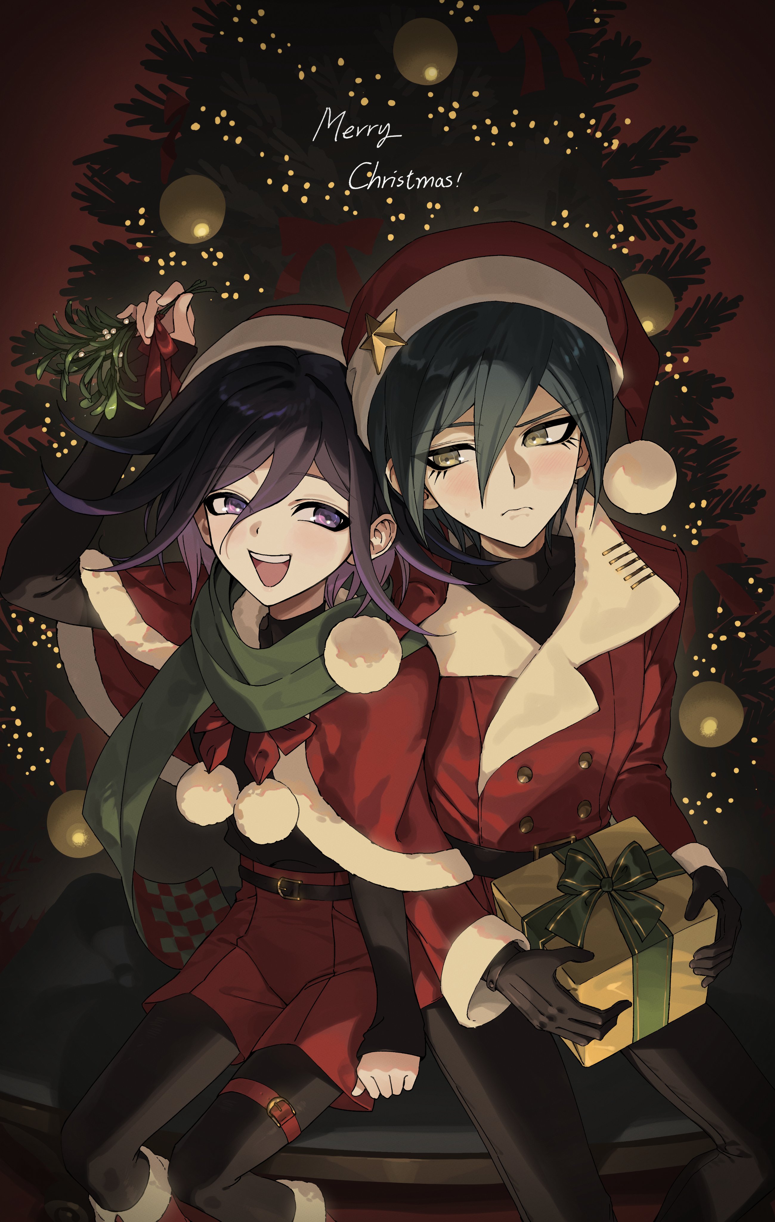 ttegi (ddeck dg), oma kokichi, saihara shuichi, danganronpa (series), danganronpa v3: killing harmony, absurdres, commentary, highres, 2boys, alternate costume, bishounen, black gloves, black hair, black leggings, blush, box, buttons, capelet, christmas, christmas ornaments, christmas tree, embarrassed, eyelashes, flipped hair, from above, frown, fur-trimmed capelet, fur trim, gift, gift box, gloves, green scarf, hair between eyes, hat, holding, holding gift, jacket, leaning on person, leaning to the side, leggings, long sleeves, looking at another, male focus, medium hair, merry christmas, multiple boys, pants, purple eyes, purple hair, red capelet, santa costume, santa hat, scarf, short hair, shorts, sitting, smile, yaoi, yellow eyes