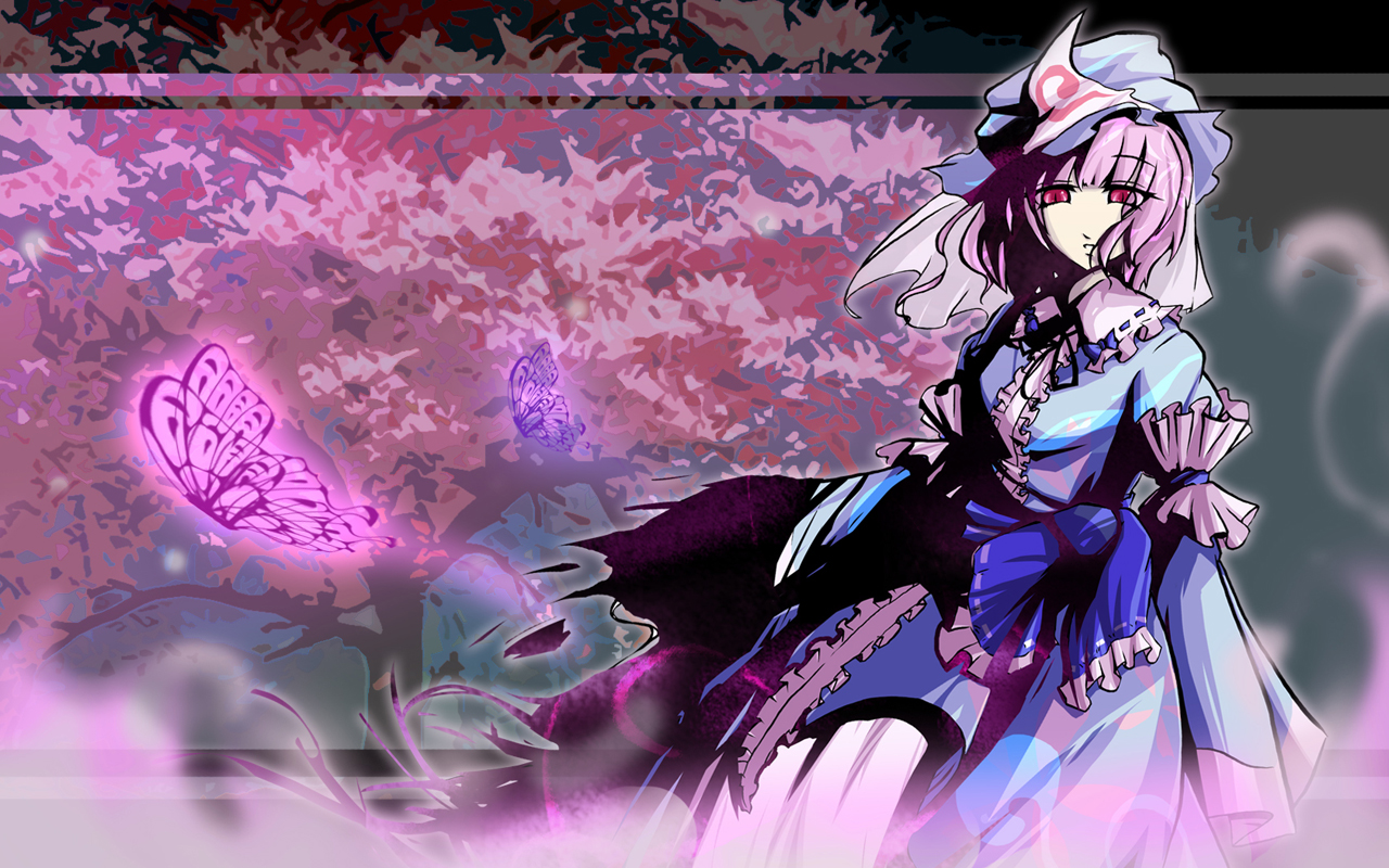 canary4, canary (artist), saigyouji yuyuko, touhou, 1girl, female focus, hat, japanese clothes, pink hair, red eyes, short hair, solo