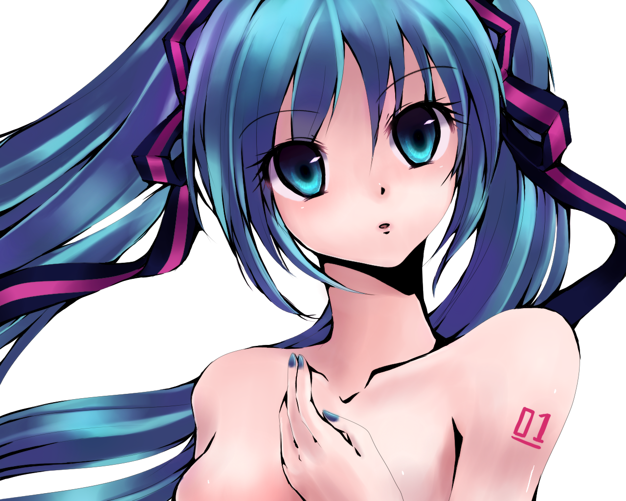 maru (medamayaki), hatsune miku, vocaloid, bad id, bad pixiv id, colorized, 1girl, aqua eyes, aqua hair, female focus, hair ribbon, nude, portrait, ribbon, solo, topless frame, twintails