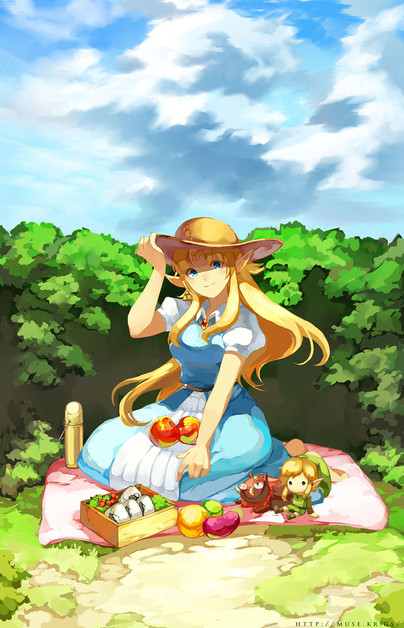 muse (rainforest), ganondorf, link, princess zelda, nintendo, the legend of zelda, the legend of zelda: a link to the past, highres, 1girl, apple, barefoot, blonde hair, blue eyes, canteen, character doll, cloud, day, doll, female focus, food, fruit, hat, long hair, onigiri, pointy ears, smile, solo, stuffed animal, stuffed toy, sun hat
