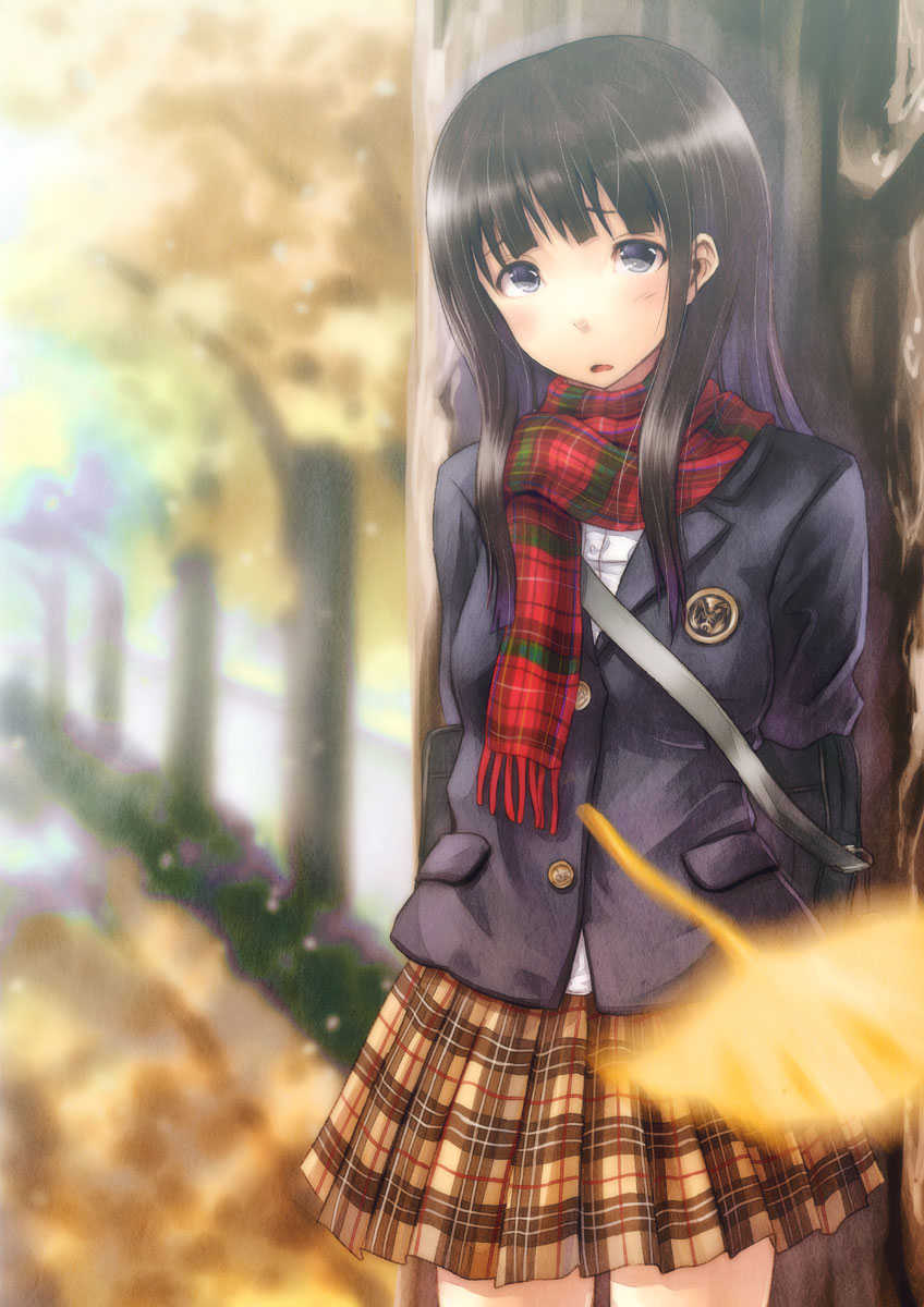 hyuuga azuri, original, highres, 1girl, bag, black hair, blue eyes, female focus, jacket, leaf, nature, outdoors, plaid clothes, plaid scarf, scarf, school uniform, skirt, solo, tree