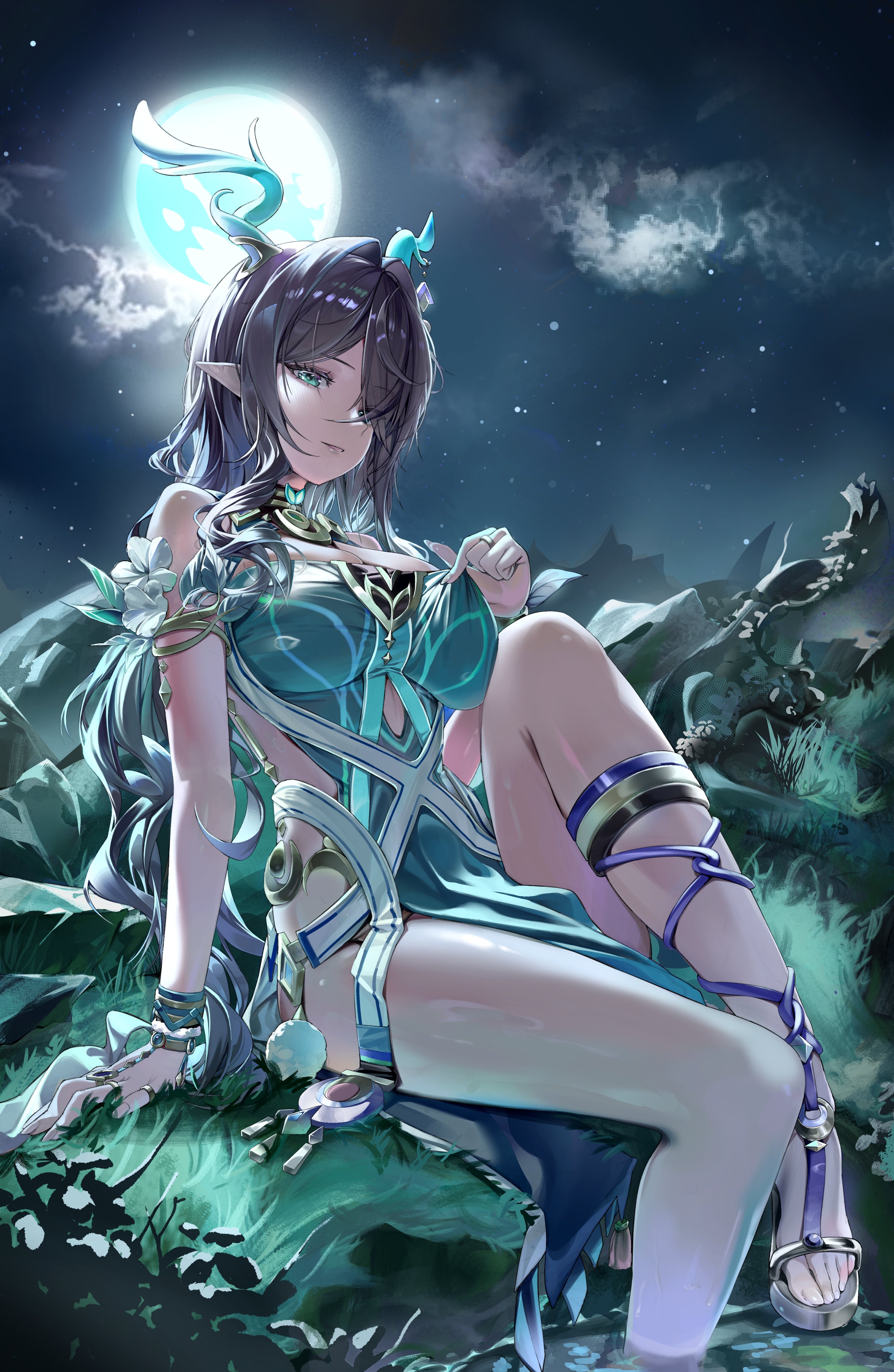 deokgi (hongdeosgi), lauma (genshin impact), genshin impact, absurdres, commentary, hashtag-only commentary, highres, symbol-only commentary, 1girl, adjusting clothes, antlers, armlet, bare shoulders, blue dress, blue eyes, breasts, cloud, dress, full moon, gladiator sandals, hair intakes, hair over one eye, hand rest, high heels, horns, jewelry, large breasts, long hair, moon, night, on ground, open mouth, partially submerged, pinching, pointy ears, purple hair, sandals, sitting, sky, solo, star (sky), starry sky, water