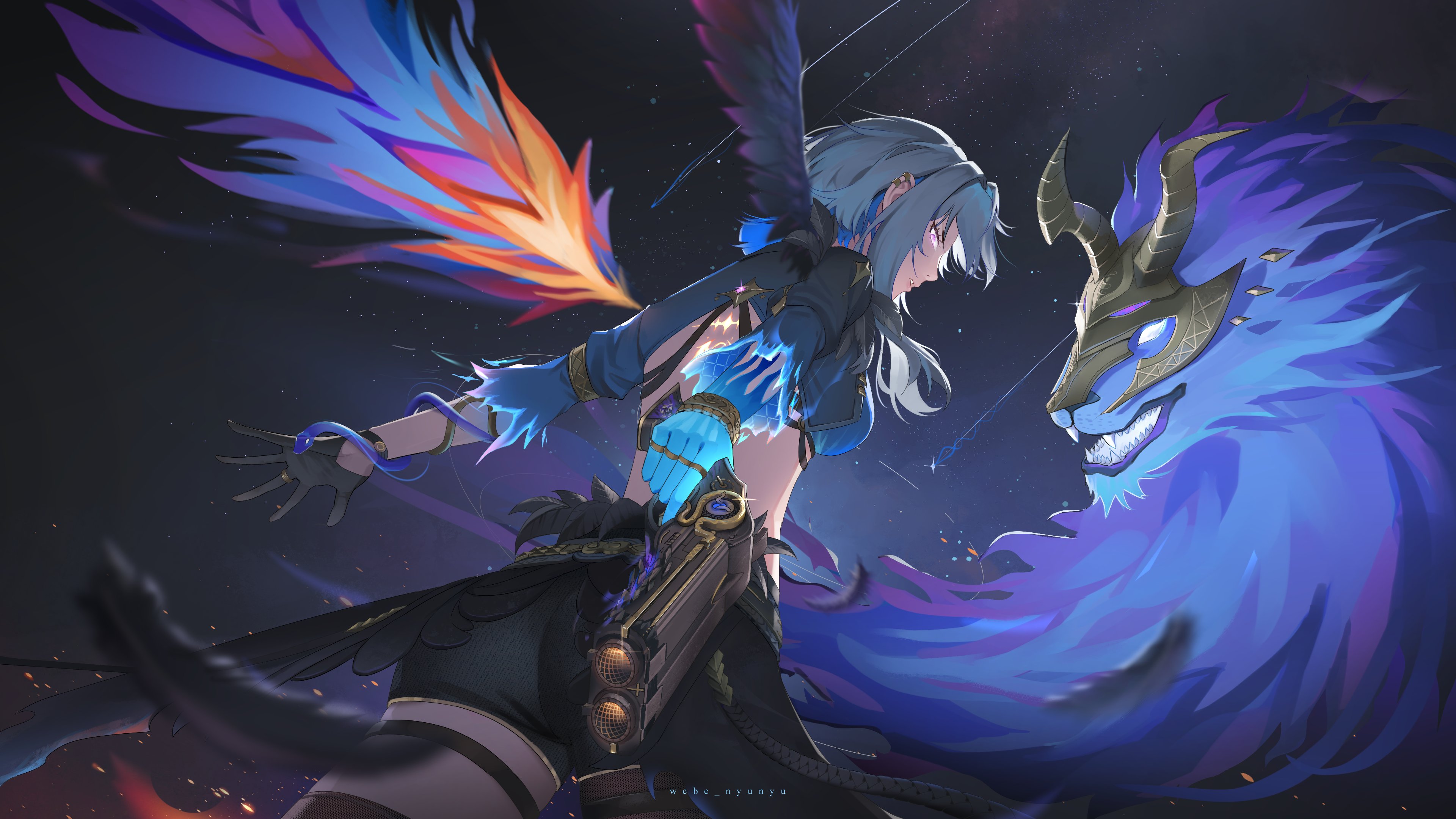 galbrena (wuthering waves), wuthering waves, absurdres, commentary, highres, 1girl, ass, asymmetrical wings, back, back tattoo, black gloves, black jacket, black shorts, black wings, blue hair, chimera (wuthering waves), colored inner hair, cropped jacket, earrings, feathered wings, from side, gloves, grey hair, gun, holding, holding gun, holding weapon, jacket, jewelry, looking at viewer, looking back, medium hair, mismatched wings, multicolored hair, night, purple eyes, short shorts, shorts, sky, star (sky), starry sky, tacet discord (wuthering waves), tacet mark (wuthering waves), tattoo, thigh strap, weapon, webe nyunyu, wings