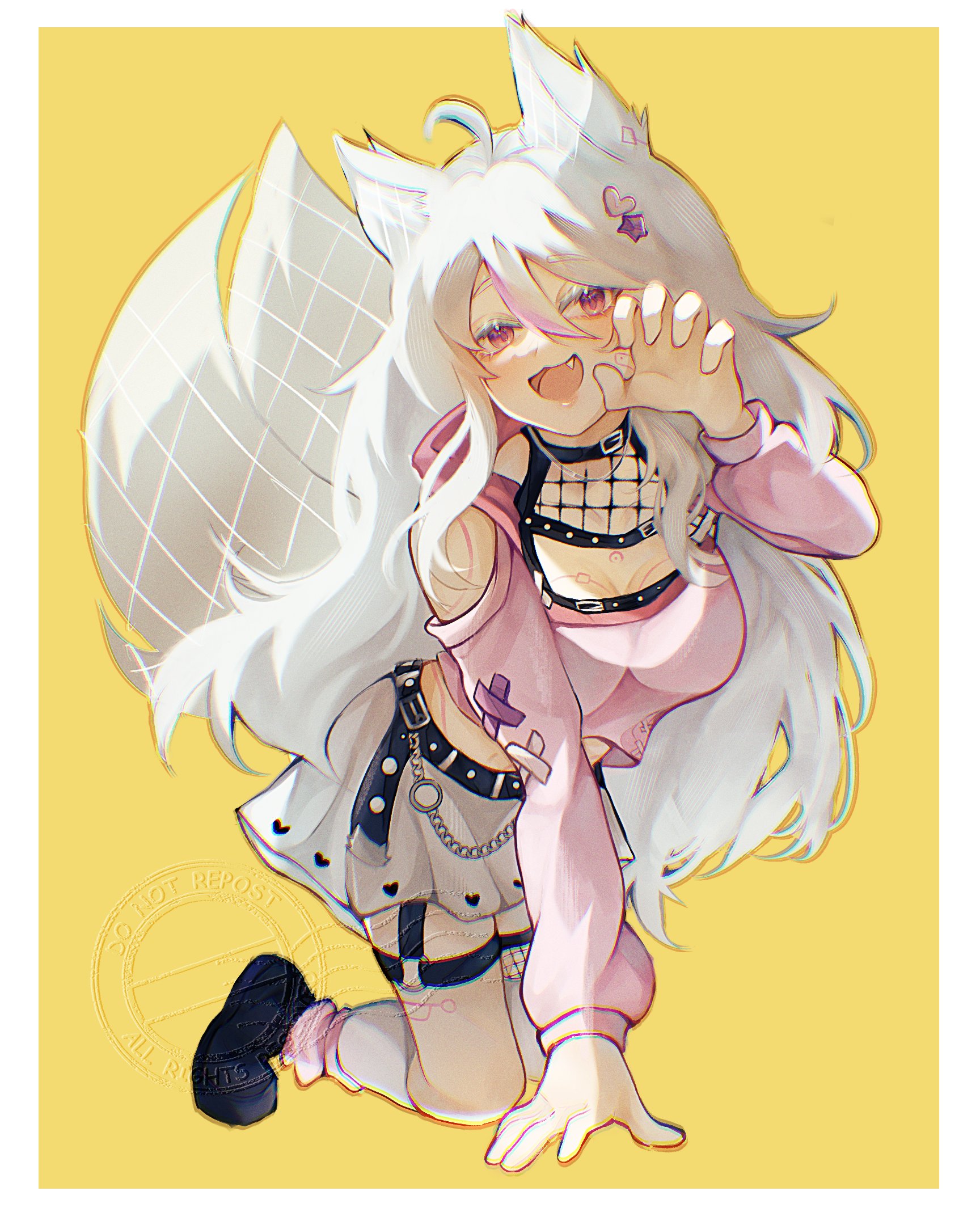 indie virtual youtuber, commentary, english commentary, highres, 1girl, animal ears, ayanashane, black socks, fox, fox ears, fox tail, hair between eyes, hair ornament, heart, heart hair ornament, kilixa, kitsune, long hair, pink eyes, pleated skirt, skirt, socks, solo, star (symbol), star hair ornament, tail, very long hair, watermark, white hair, white skirt, yellow background