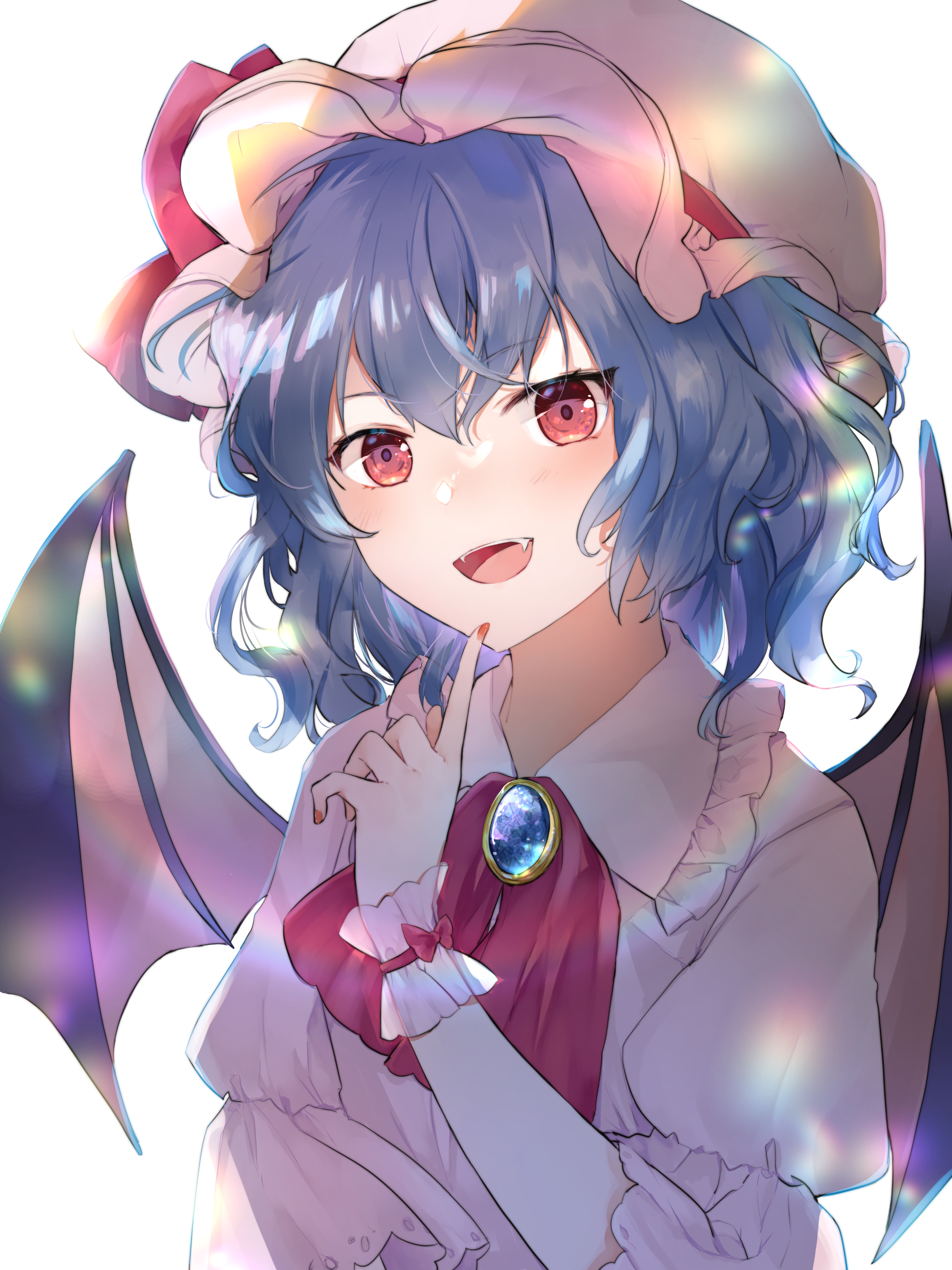 minatsuki yurara, remilia scarlet, touhou, blue gem, absurdres, commentary request, highres, 1girl, :d, ascot, bat wings, blue hair, blush, bow, fangs, frilled shirt collar, frilled wrist cuffs, frills, gem, hat, index finger raised, lens flare, looking at viewer, medium hair, mob cap, open mouth, pink hat, pink shirt, red ascot, red bow, red eyes, red nails, shirt, short sleeves, simple background, smile, solo, teeth, upper body, upper teeth only, wavy hair, white background, wings, wrist cuffs
