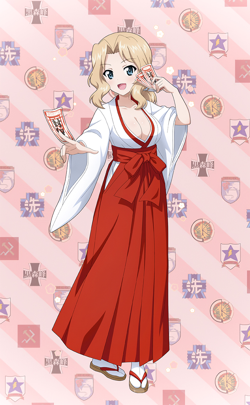 haiiro purin, kay (girls und panzer), girls und panzer, artist request, commentary request, highres, official art, second-party source, 1girl, alternate costume, blonde hair, blue eyes, blurry, breasts, collarbone, full body, hakama, hakama skirt, holding, japanese clothes, large breasts, long hair, looking at viewer, open mouth, red hakama, sandals, skirt, solo, standing