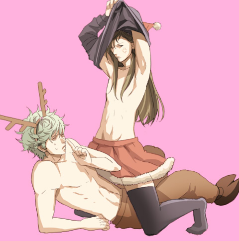 katsura kotarou, sakata gintoki, gintama, lowres, 00s, 2boys, animal ears, christmas, crossdressing, crossdressing (mtf), long hair, male focus, multiple boys, skirt, straddling, thighhighs, topless male, undressing, yaoi