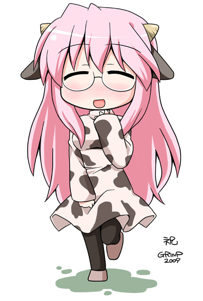 nekotoufu, takara miyuki, lucky star, bad id, bad pixiv id, 00s, 1girl, animal costume, animal print, blush, closed eyes, cow costume, cow print, facing viewer, female focus, glasses, happy, horns, long hair, pantyhose, pink hair, simple background, solo, very long hair, white background