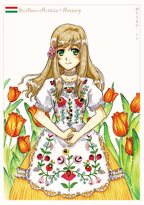 meago, hungary (hetalia), axis powers hetalia, traditional clothes, 00s, 1girl, brown hair, female focus, flower, green eyes, long hair, solo