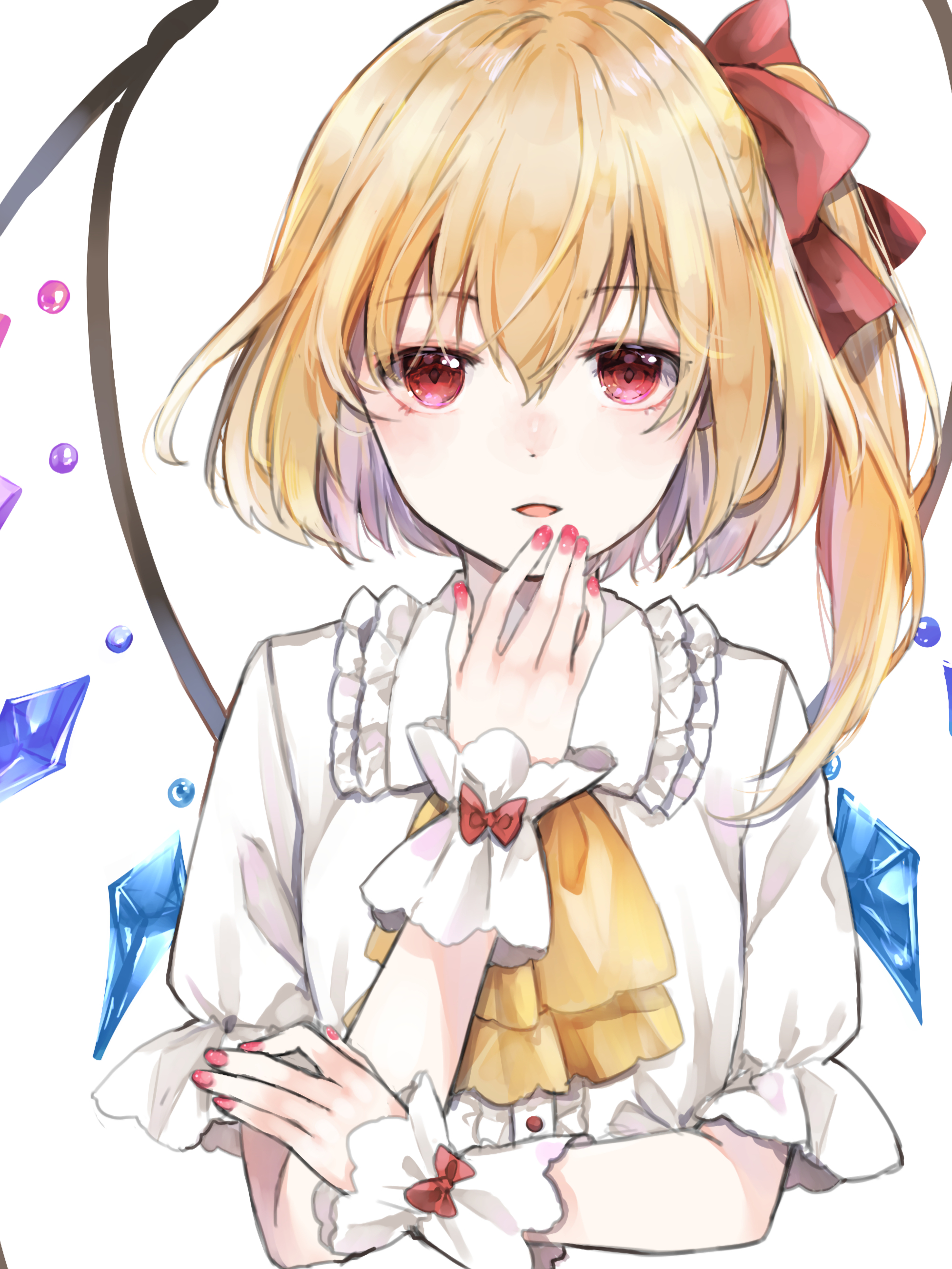 minatsuki yurara, flandre scarlet, touhou, absurdres, commentary request, highres, 1girl, ascot, blonde hair, bow, breasts, buttons, center frills, collared shirt, crystal, crystal wings, frilled shirt collar, frilled sleeves, frills, hair between eyes, hair bow, long hair, looking at viewer, multicolored wings, nail polish, no headwear, no vest, one side up, open mouth, pink nails, puffy short sleeves, puffy sleeves, red bow, red eyes, shirt, short sleeves, simple background, small breasts, solo, upper body, white background, wings, wrist cuffs, yellow ascot