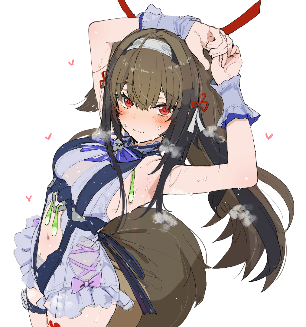kousakuin (firstsatyam), vivian banshee, vivian banshee (iris of the shore), ye shunguang, zenless zone zero, commentary request, 1girl, alternate costume, animal ears, arm on own head, armpits, arms up, blush, bow, bowtie, breasts, brown hair, brown tail, closed mouth, clothing cutout, clover, clover hair ornament, condom, cosplay, cowboy shot, droopy ears, frilled one-piece swimsuit, frilled wrist cuffs, frills, hair ornament, hairband, leg tattoo, long hair, looking at viewer, medium breasts, navel, one-piece swimsuit, purple bow, purple bowtie, red eyes, simple background, smile, solo, steaming body, stomach cutout, sweat, swimsuit, tail, tattoo, thigh strap, two-tone one-piece swimsuit, used condom, very long hair, vivian banshee (iris of the shore) (cosplay), white background, white hairband, white one-piece swimsuit, wrist cuffs