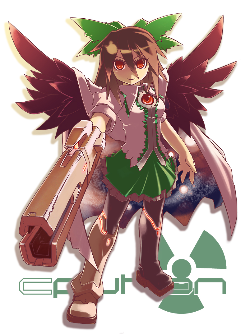 hakoniwa tsuka, tsuka, reiuji utsuho, touhou, bad id, bad pixiv id, 1girl, alternate weapon, arm cannon, black hair, bow, cape, female focus, full body, hair bow, long hair, red eyes, skirt, smile, solo, weapon, wings