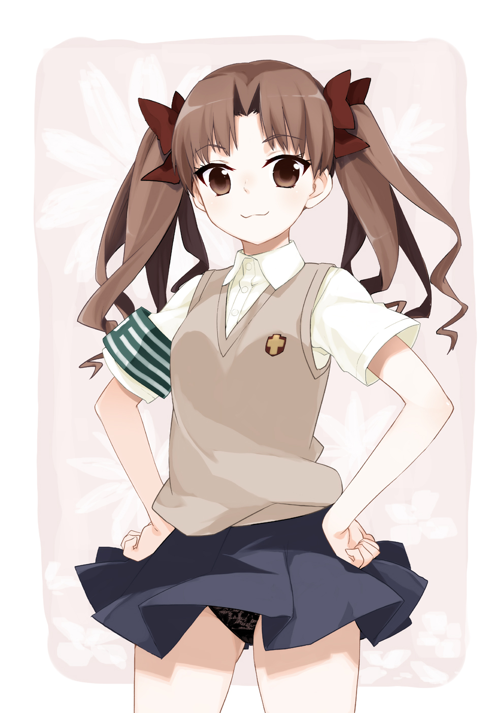 kusano houki, shirai kuroko, toaru kagaku no railgun, toaru majutsu no index, bad id, bad pixiv id, highres, 00s, 1girl, :3, armband, bow, brown eyes, brown hair, female focus, hair bow, hands on own hips, lace, lace panties, long hair, panties, pantyshot, school uniform, skirt, solo, sweater vest, twintails, underwear