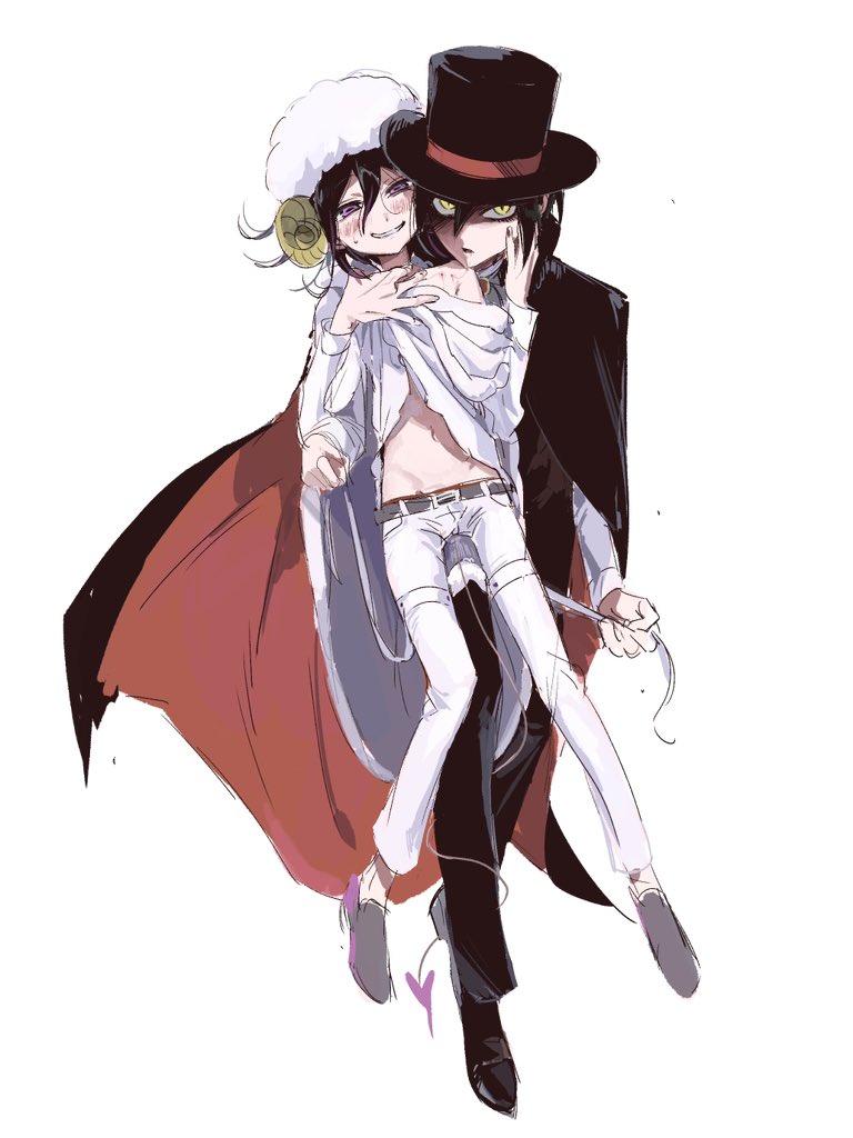 oma kokichi, saihara shuichi, danganronpa (series), danganronpa v3: killing harmony, commentary, symbol-only commentary, 2boys, bite mark, black cape, black hair, blush, buttons, cape, clothes lift, demon tail, flipped hair, full body, glowing, glowing eyes, grin, hair between eyes, halloween, hat, height difference, horns, long sleeves, male focus, multiple boys, navel, off shoulder, pants, possessive, purple eyes, sheep boy, sheep horns, short hair, skinny, smile, sweat, tail, thigh strap, top hat, torn clothes, usagi mi nagi, vampire, white background, white pants, yaoi, yellow eyes