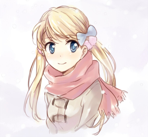riru, winry rockbell, fullmetal alchemist, bad id, bad pixiv id, 00s, 1girl, blonde hair, blue eyes, bow, coat, female focus, hair bow, scarf, smile, solo