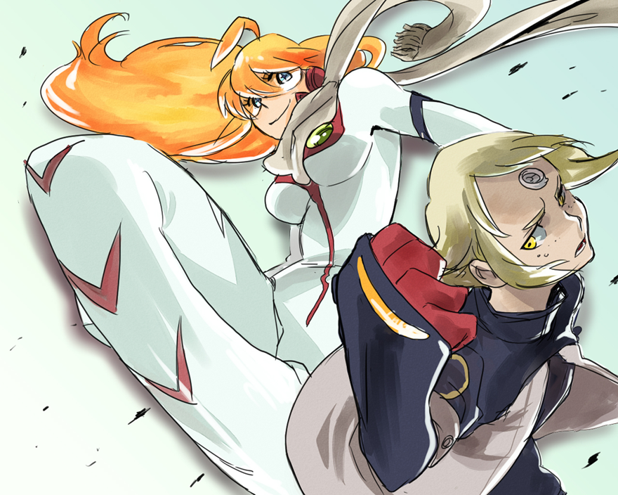 tehryu, buster machine 7, lal'c mellk mal, nono (top wo nerae 2!), top wo nerae! (series), top wo nerae 2!, bad id, bad pixiv id, + +, 00s, 2girls, blonde hair, bodysuit, clenched hand, cross-shaped pupils, dark-skinned female, dark skin, foreshortening, multiple girls, red hair, scarf, symbol-shaped pupils