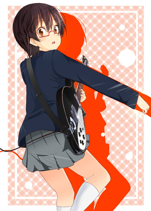nishiuri warito, manabe nodoka, k-on!, bad id, bad pixiv id, 00s, 1girl, blazer, brown eyes, brown hair, female focus, glasses, guitar, instrument, jacket, kneehighs, looking back, red-framed eyewear, school uniform, semi-rimless eyewear, short hair, skirt, socks, solo, under-rim eyewear