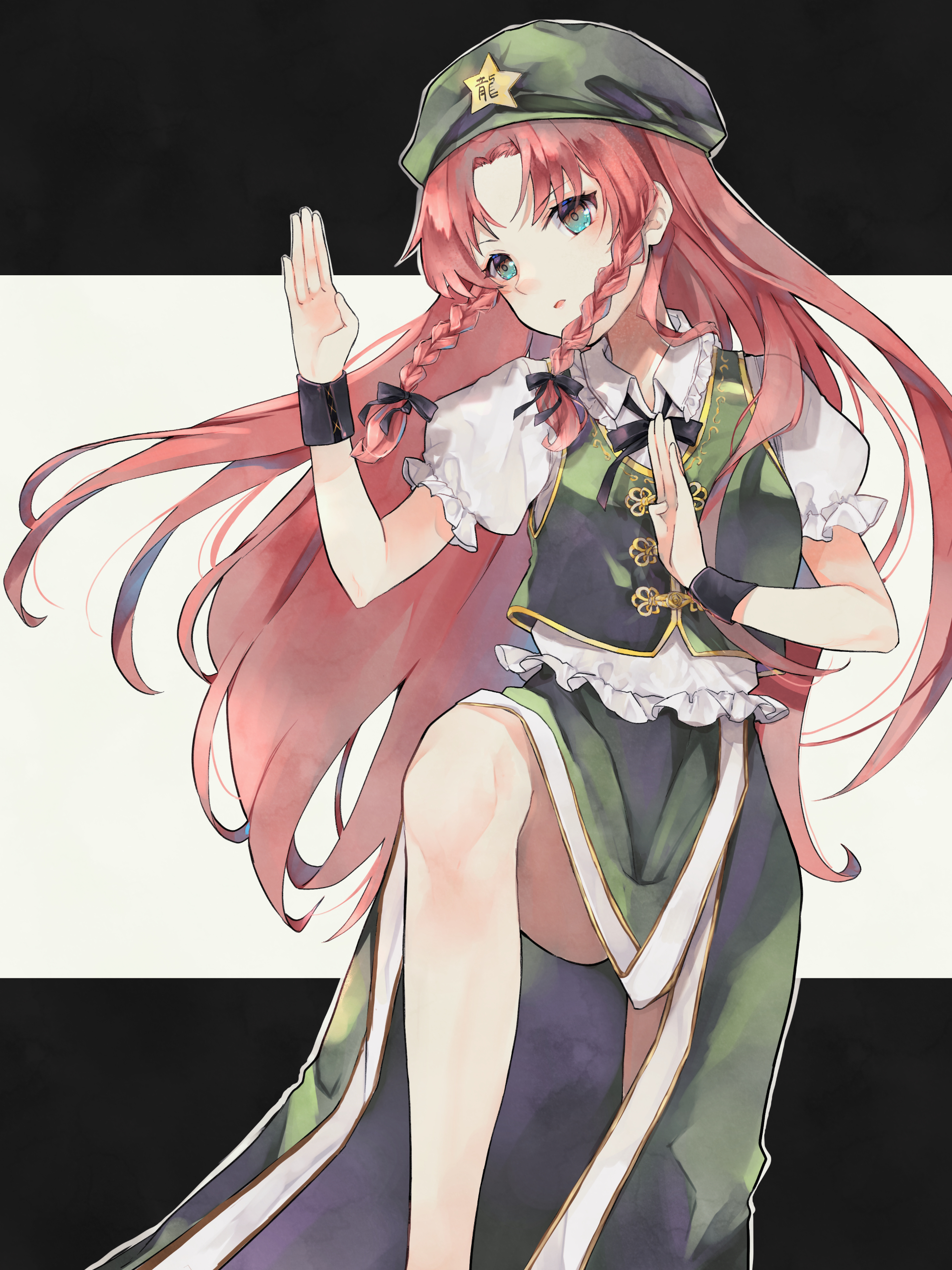 minatsuki yurara, hong meiling, touhou, absurdres, commentary request, highres, 1girl, beret, black bow, bow, braid, braided sidelocks, collared shirt, fighting stance, frilled shirt collar, frills, green eyes, green hat, green skirt, green vest, hair bow, hat, hat ornament, leg up, long hair, looking to the side, open mouth, parted lips, puffy short sleeves, puffy sleeves, red hair, shirt, short sleeves, side slit, skirt, solo, standing, standing on one leg, star (symbol), star hat ornament, twin braids, very long hair, vest, white shirt