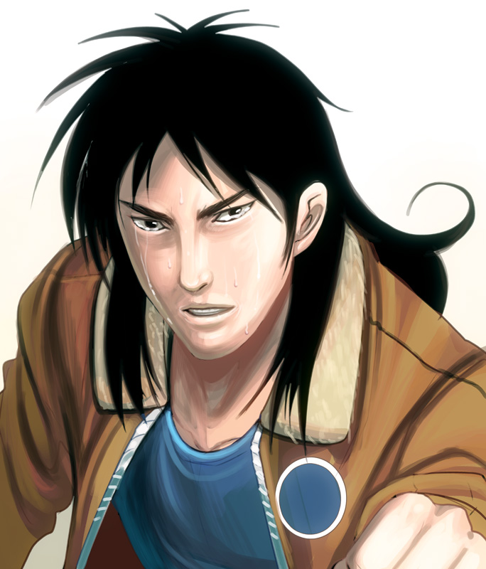 kouno (masao), itou kaiji, kaiji, bad id, bad pixiv id, 1boy, black eyes, black hair, gradient background, jacket, long hair, male focus, realistic, solo, tears, upper body, white background