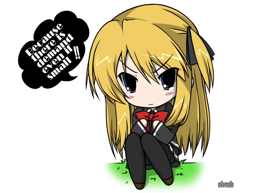 kagura takeshi, shalon, quiz magic academy, blonde hair, blue eyes, chibi, covering privates, english text, engrish text, hair ribbon, long hair, pantyhose, pout, ranguage, ribbon, school uniform, short twintails, skirt, solo, tears, twintails, two side up