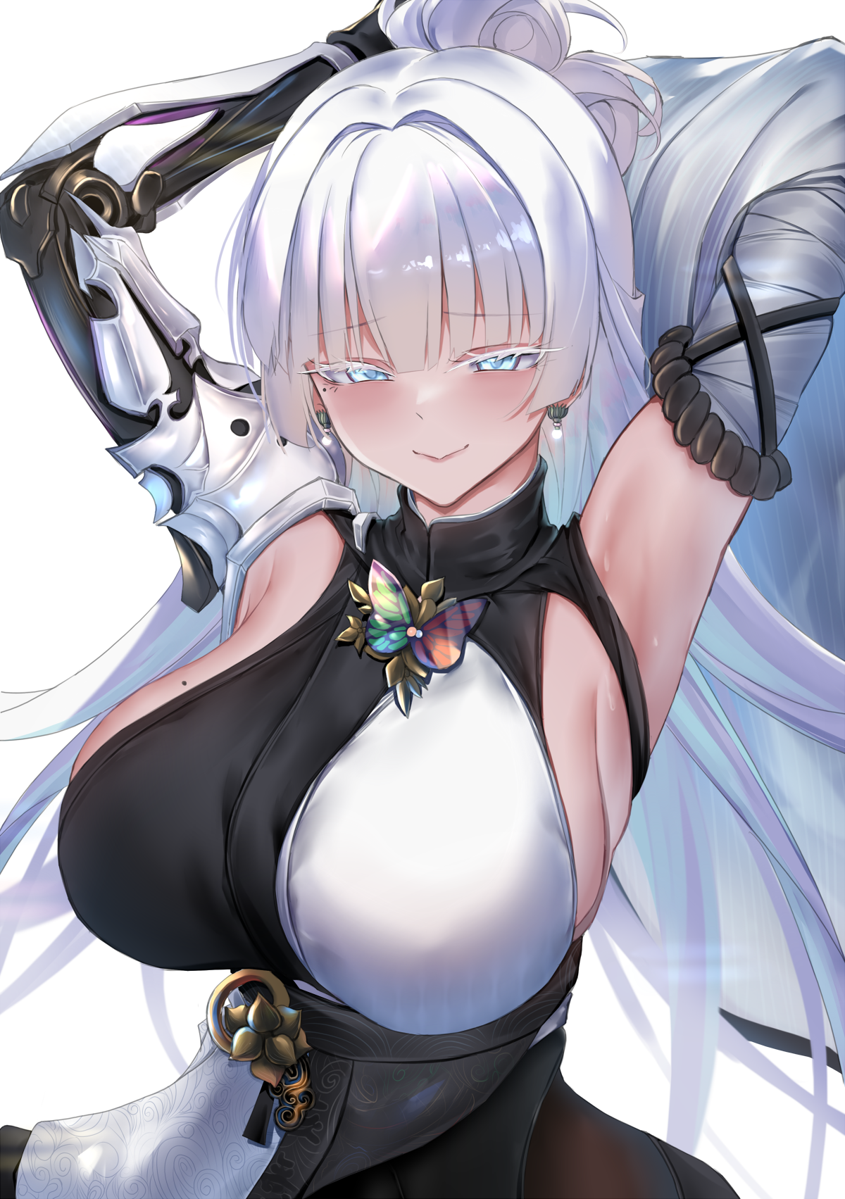 seedkeng, nayuta (nikke), goddess of victory: nikke, highres, 1girl, armpits, arms up, bare shoulders, black dress, blue eyes, blush, breasts, colored eyelashes, dress, earrings, jewelry, large breasts, long hair, long sleeves, looking at viewer, smile, solo, split-color clothes, two-tone dress, white dress, white eyelashes, white hair