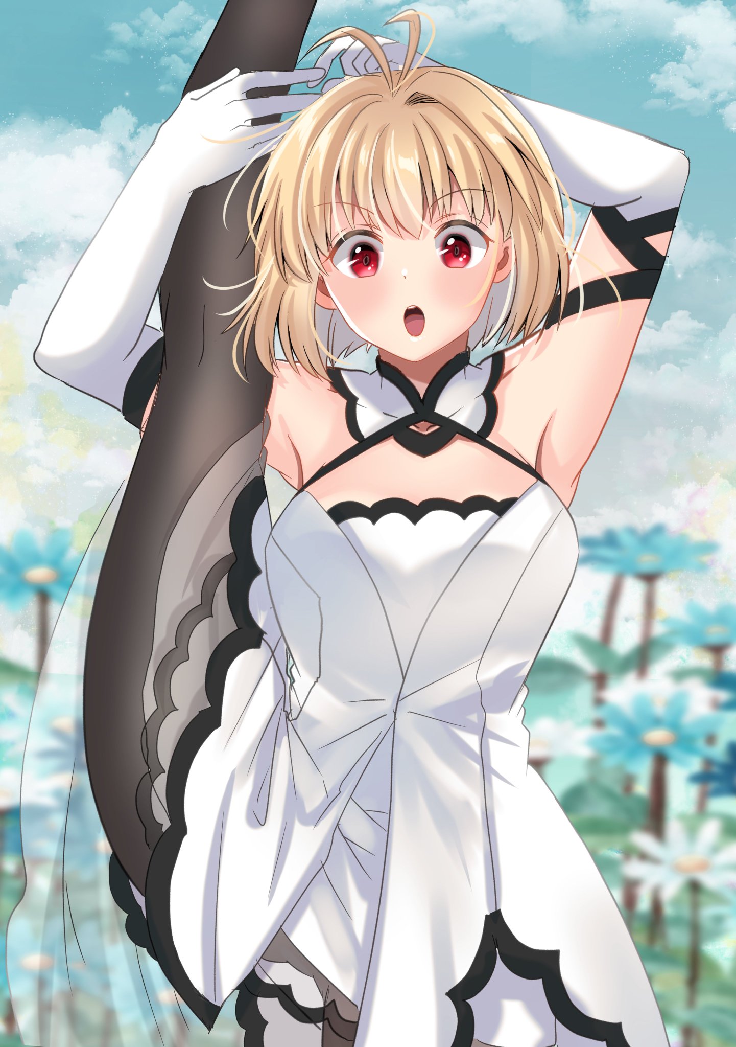 arcueid brunestud, tsukihime, tsukihime (remake), artist request, highres, source request, 1girl, :o, ahoge, antenna hair, arcueid brunestud (clad in glacier), armpits, bare shoulders, blonde hair, blush, breasts, cleavage, dress, elbow gloves, gloves, grabbing own leg, hair intakes, looking at viewer, official alternate costume, pantyhose, red eyes, short hair, spread legs, standing, standing on one leg, white dress, white gloves