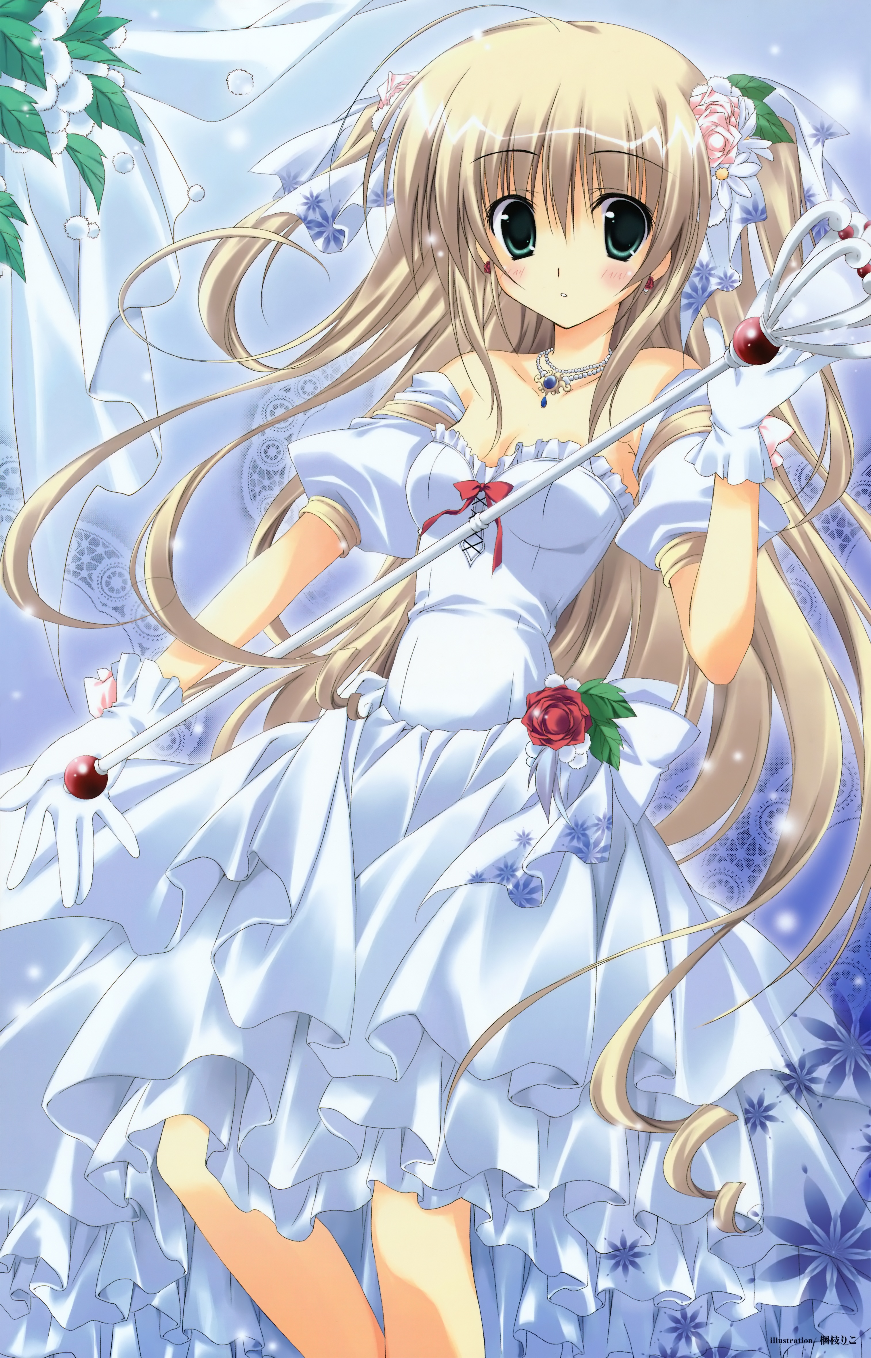 korie riko, absurdres, copyright request, highres, 1girl, bare shoulders, breasts, cleavage, detached sleeves, dress, earrings, female focus, flower, gloves, green eyes, hair flower, hair ornament, hair ribbon, jewelry, long hair, necklace, ribbon, scepter, solo, twintails, very long hair