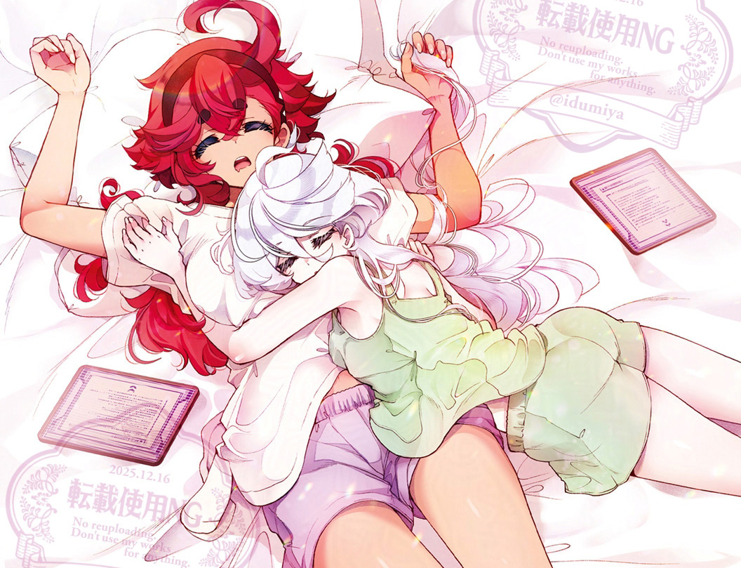 izumiya otoha, miorine rembran, suletta mercury, gundam, gundam suisei no majo, commentary request, 2girls, alternate costume, boxer, closed eyes, dark-skinned female, dark skin, feet out of frame, green shirt, long hair, long sleeves, lying, multiple girls, on bed, open mouth, pale skin, paper, red hair, shirt, sleeping, teeth, upper teeth only, watermark, white hair, white shirt, yuri