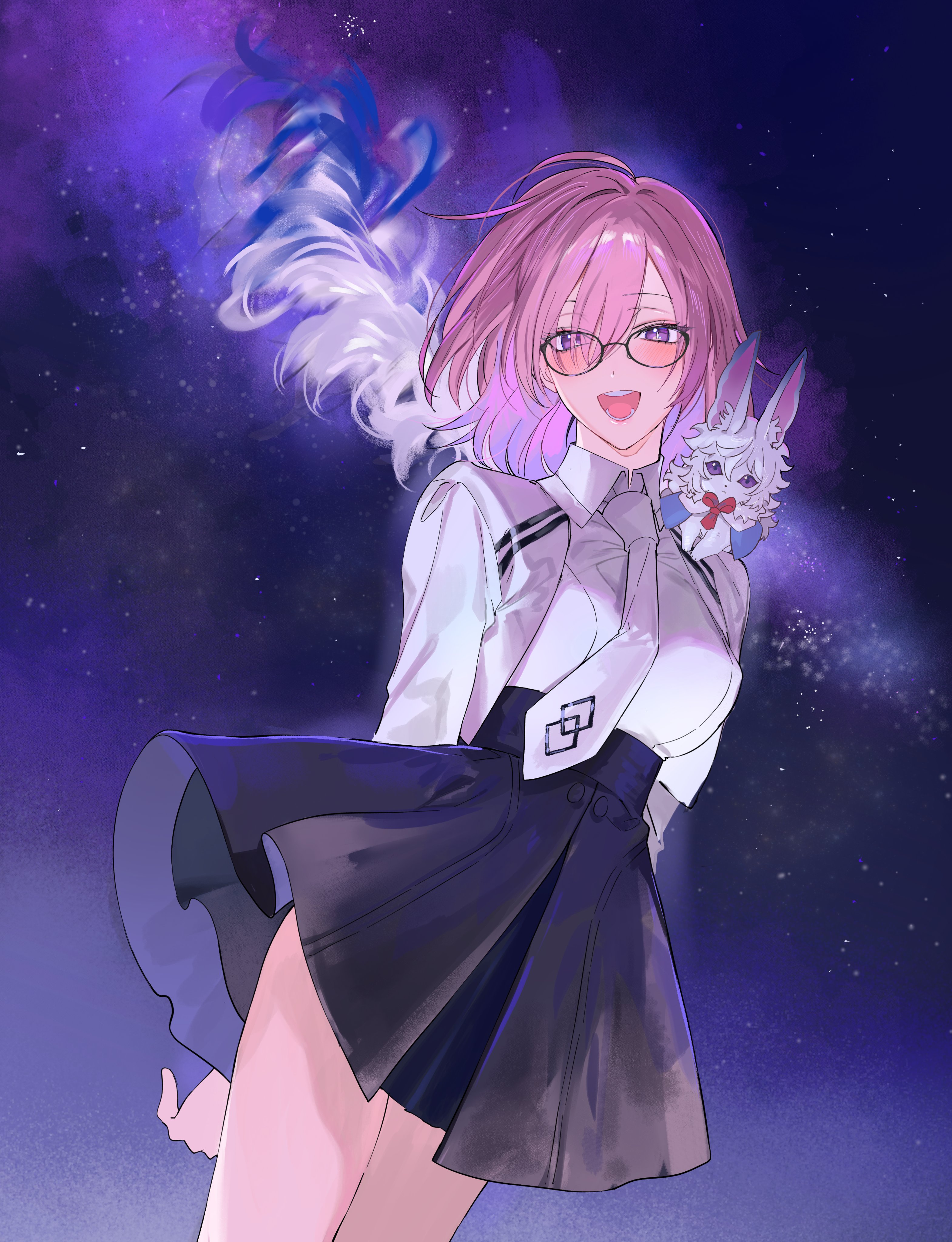 yurumawari, fou (fate), mash kyrielight, fate/grand order, fate (series), absurdres, commentary request, highres, 1girl, black skirt, blush, breasts, chaldea uniform, collared shirt, cropped jacket, glasses, hair over one eye, high-waist skirt, jacket, large breasts, long sleeves, looking at viewer, mash kyrielight (chaldea uniform), necktie, night, open mouth, pink hair, purple eyes, shirt, short hair, skirt, sky, smile, star (sky), starry sky, thighs, white jacket, white shirt
