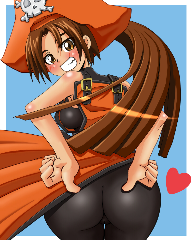 gousaikoo, may (guilty gear), arc system works, guilty gear, bad id, bad pixiv id, 1girl, ass, blush, brown eyes, brown hair, female focus, from behind, grin, hat, heart, long hair, looking back, pantyhose, pirate, pirate hat, ponytail, skull and crossbones, smile, solo
