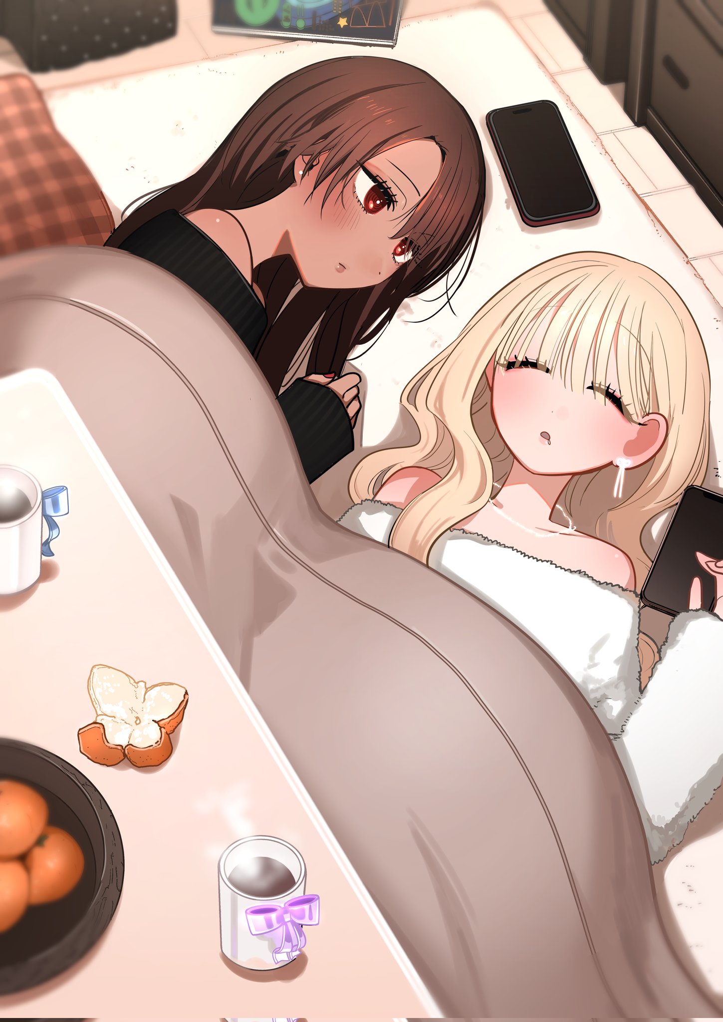 inoue koharu, commentary request, highres, 2girls, black shirt, blonde hair, brown eyes, brown hair, cellphone, closed mouth, cup, dark-skinned female, dark skin, food, fruit, gyaru to gyaru no yuri, indoors, kotatsu, long hair, looking at another, lying, mandarin orange, multiple girls, open mouth, phone, shirt, sleeping, table, taooka yua, watase reina, white shirt, yuri