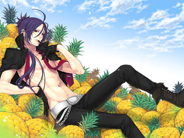 rokudou mukuro, katekyo hitman reborn!, 00s, 1boy, food, fruit, gloves, groin, heterochromia, long hair, male focus, pectorals, pineapple, purple hair, solo, topless male