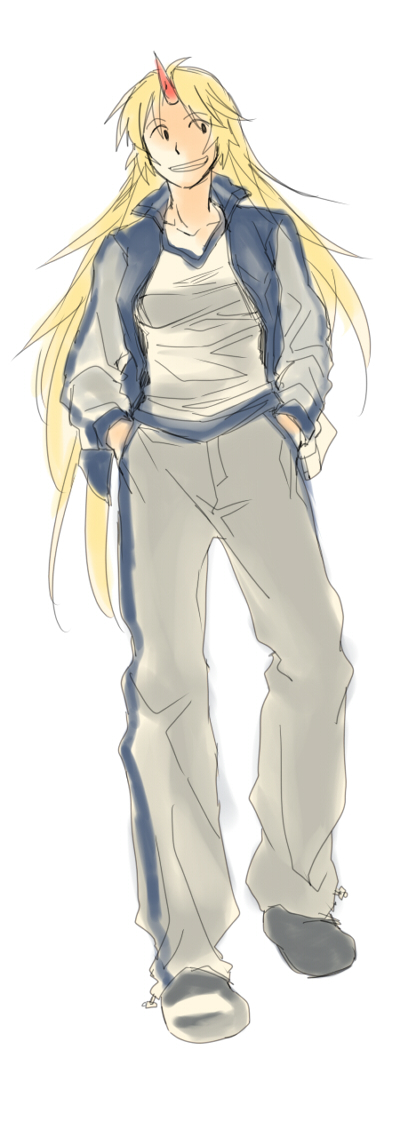 re ghotion, hoshiguma yuugi, touhou, 1girl, alternate costume, blonde hair, contemporary, female focus, full body, grin, hands in pockets, horns, long hair, shirt, shoes, simple background, single horn, smile, solo, standing