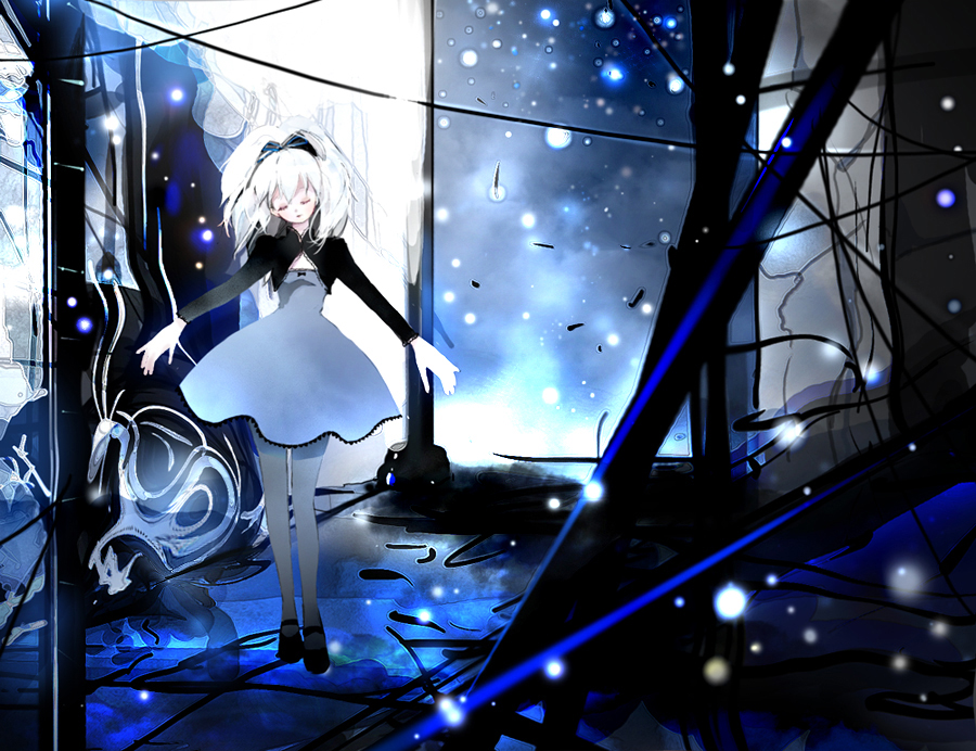 holiday (pixiv), yin (darker than black), darker than black, 00s, closed eyes, dress, pantyhose, white hair