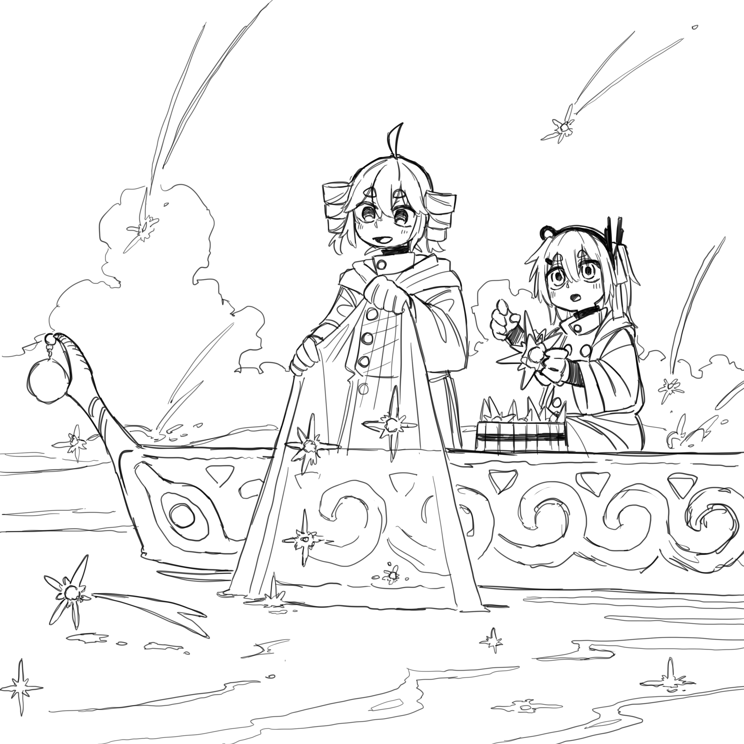 subaru namisaki, adachi rei, kasane teto, a.i. voice, utau, absurdres, highres, 2girls, :d, blush, boat, cloud, double-parted bangs, drill hair, greyscale, hair between eyes, hairband, hood, hood down, hoodie, long sleeves, monochrome, multiple girls, open mouth, shooting star, short hair, sitting, smile, standing, thick eyebrows, water, watercraft